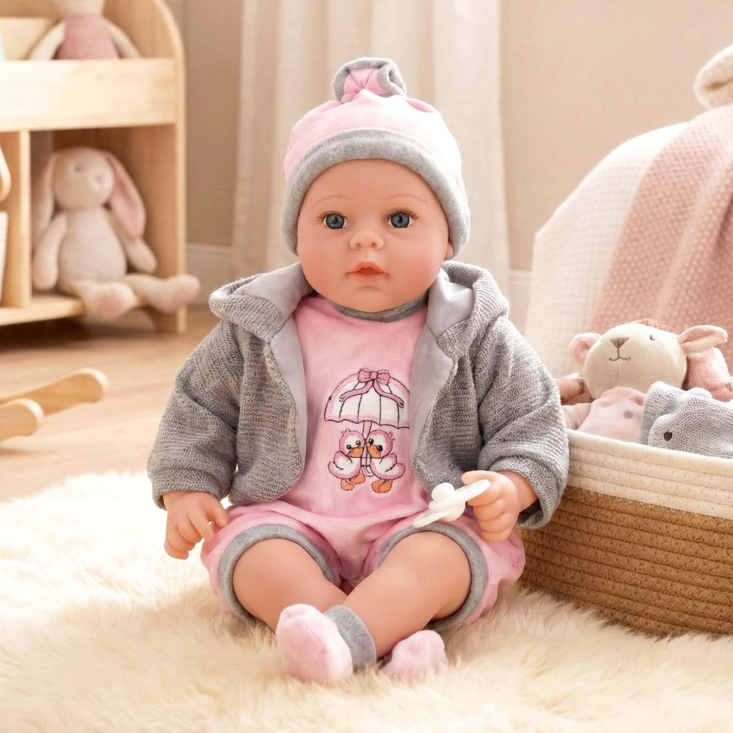 Baby Girl Doll With Dummy & Sounds Grey