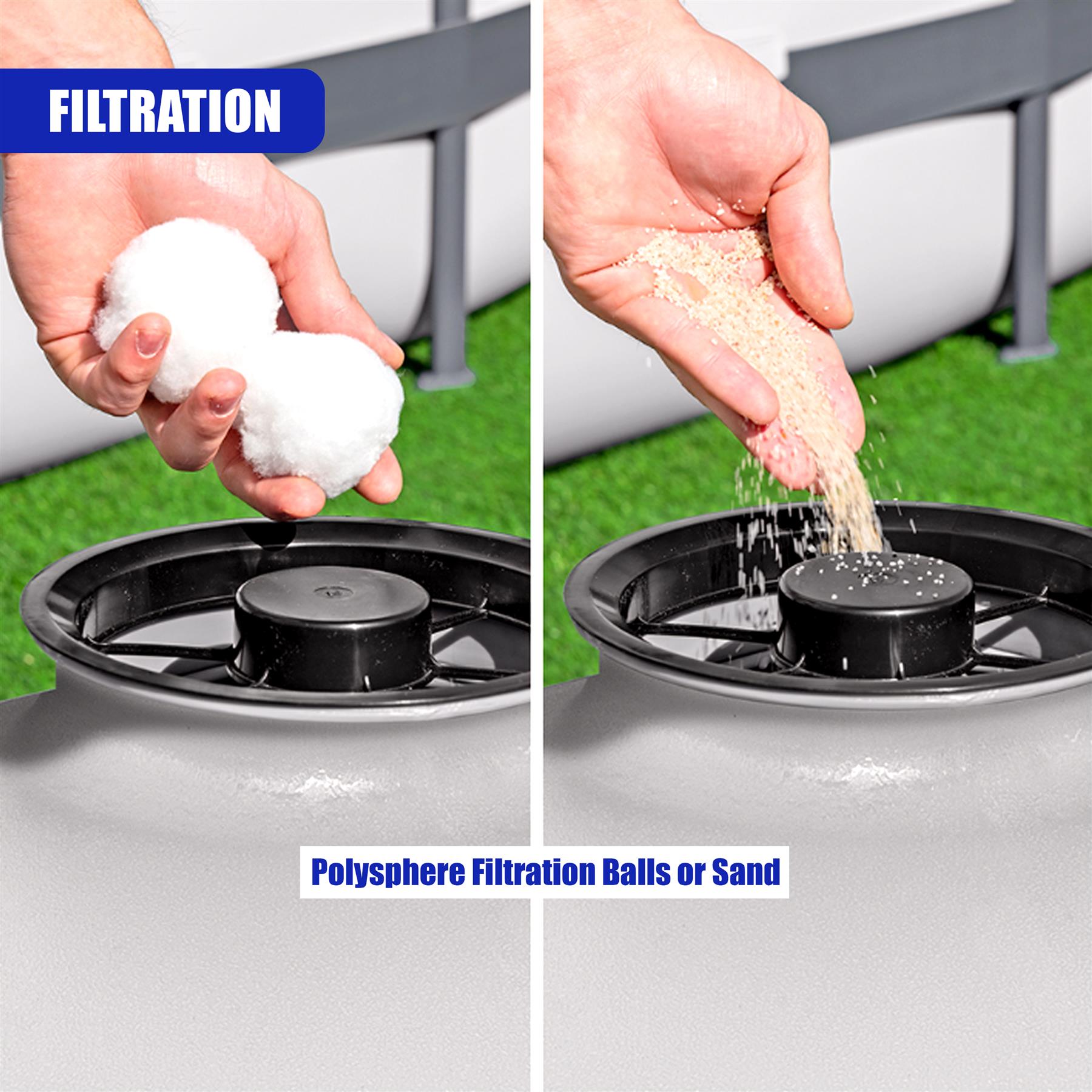 Hands demonstrate adding white filter balls and beige sand into the filter unit.