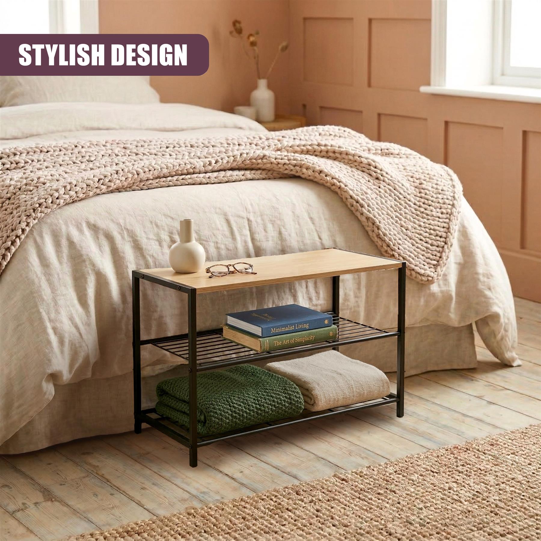 Black metal, two-tier shoe rack featuring wooden shelves for storage and organization.