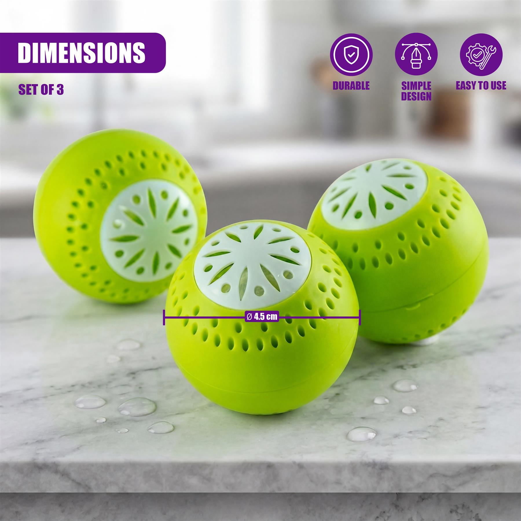 Three bright lime green, perforated spheres are displayed on a light white surface.