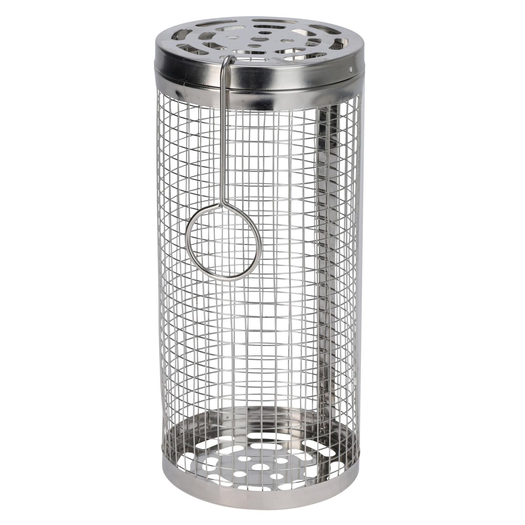Stainless steel grill basket featuring a wire mesh enclosure, circular top vent, and side hook.