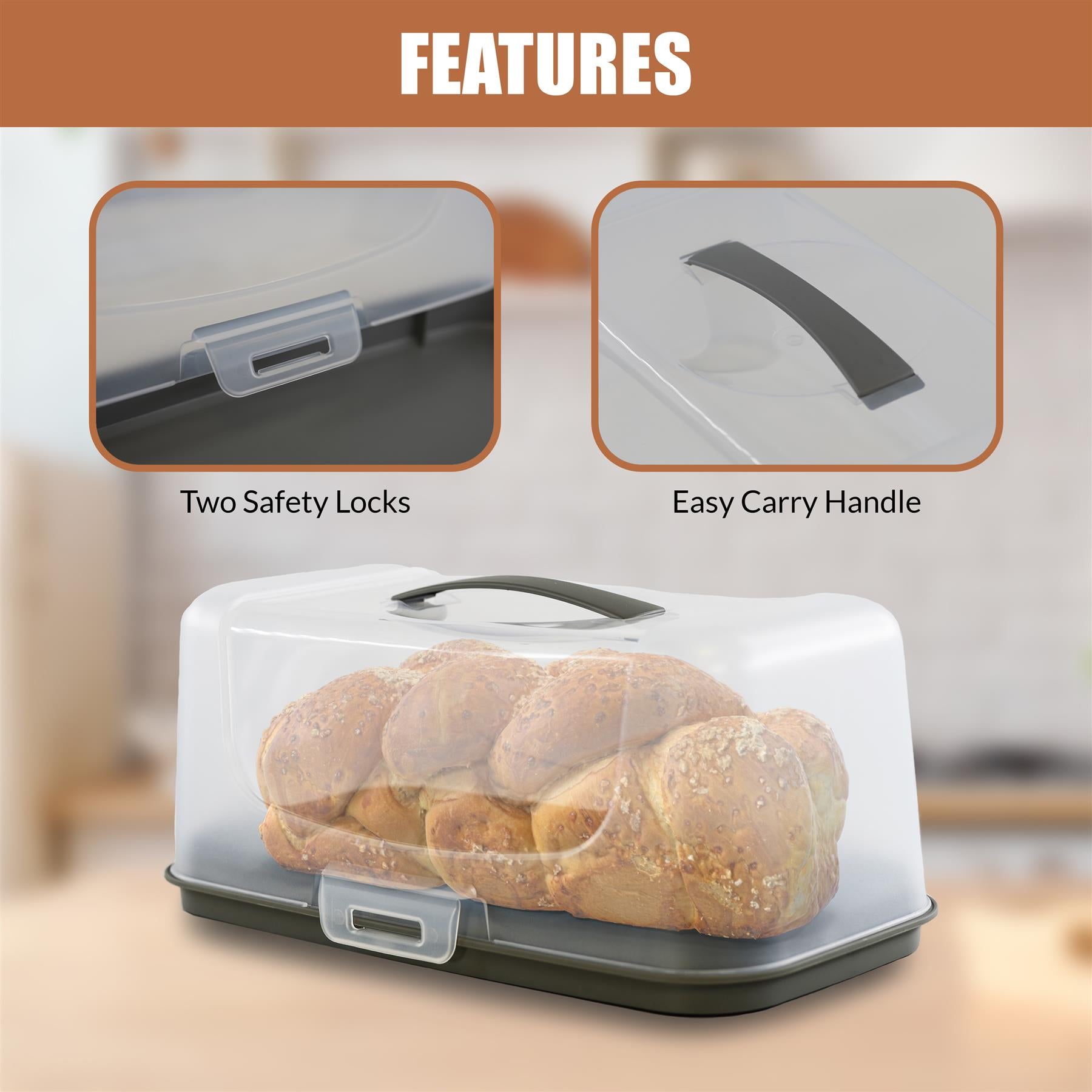 Clear rectangular bread storage container holding multiple loaves of bread and featuring a black carrying handle.