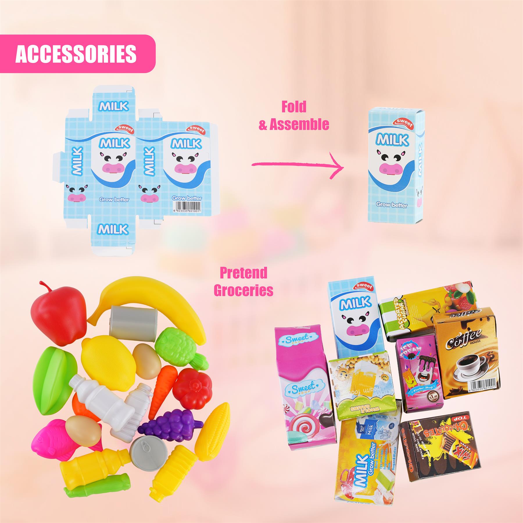 "Shopping trolley with pink food and play items." - The Magic Toy Shop