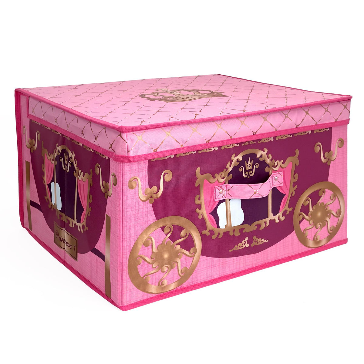 Pink princess carriage storage box with a lid, featuring a magical design from The Magic Toy Shop
