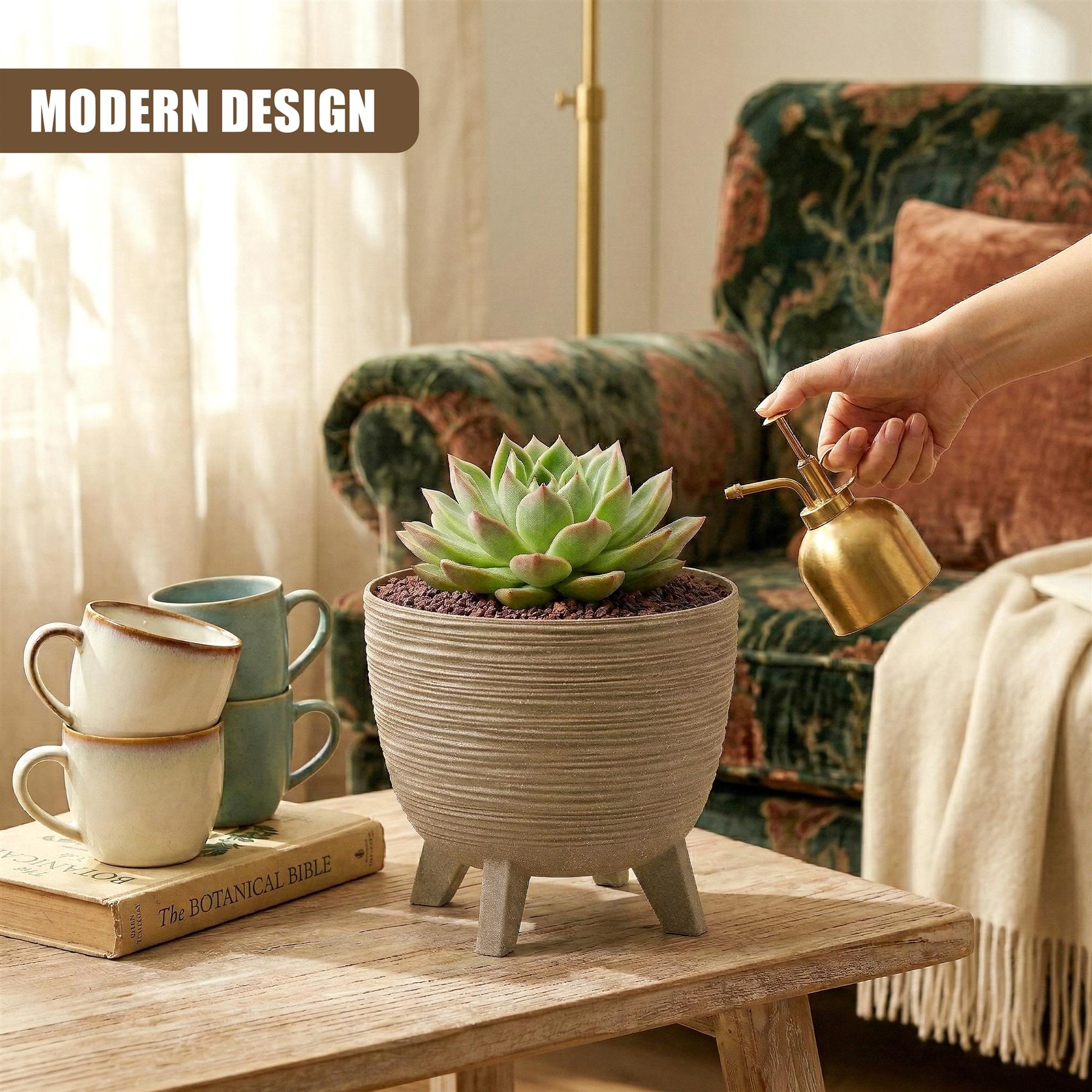 Brown, ribbed flower pot elevated on three legs, containing a healthy green succulent plant.