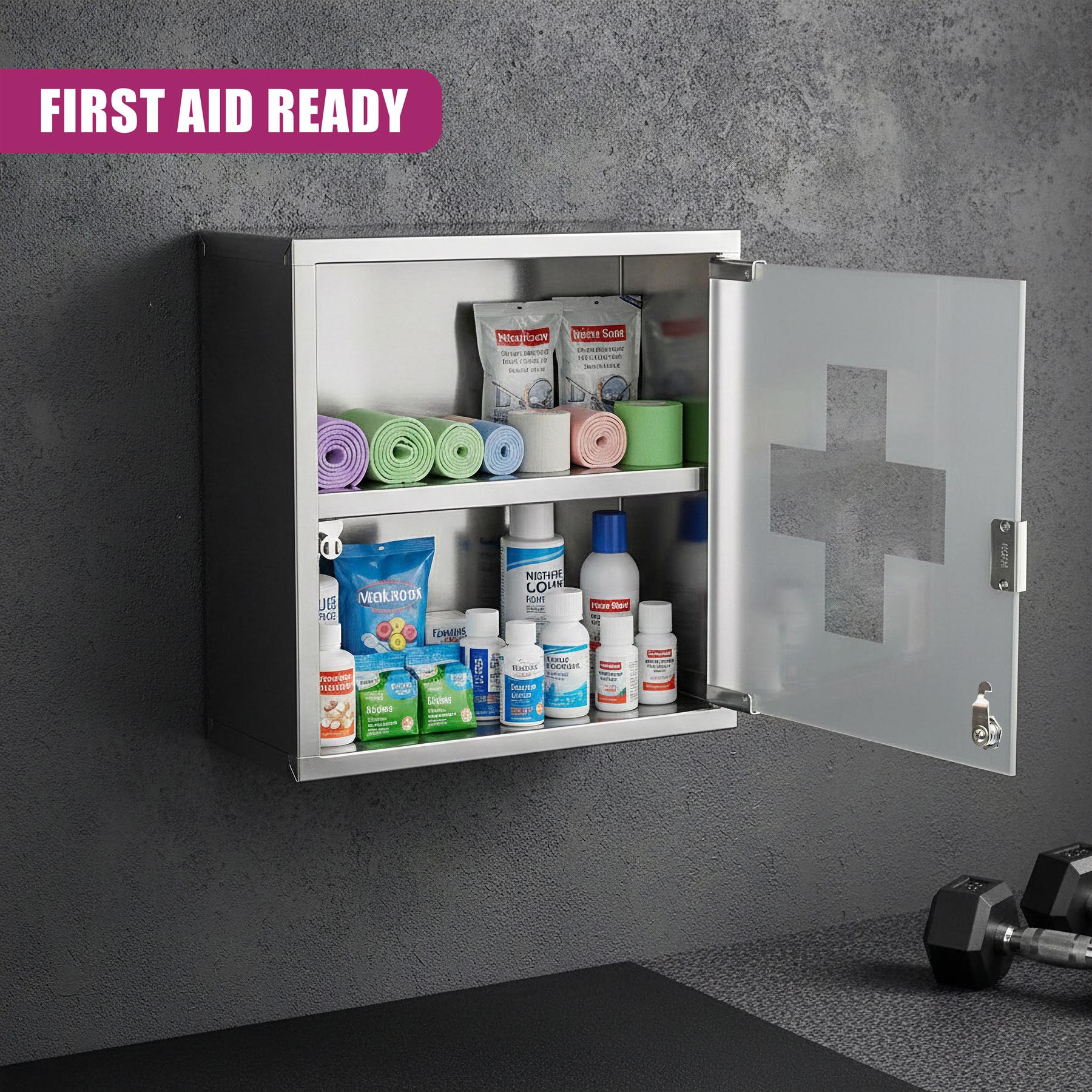 Open metal medicine cabinet stocked with bandages, gauze, and various bottles of first aid supplies.