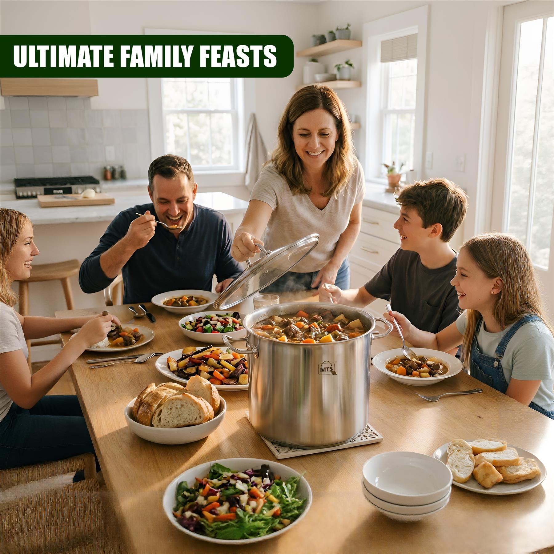 Stainless steel stock pot with glass lid on a table surrounded by a family dining together.