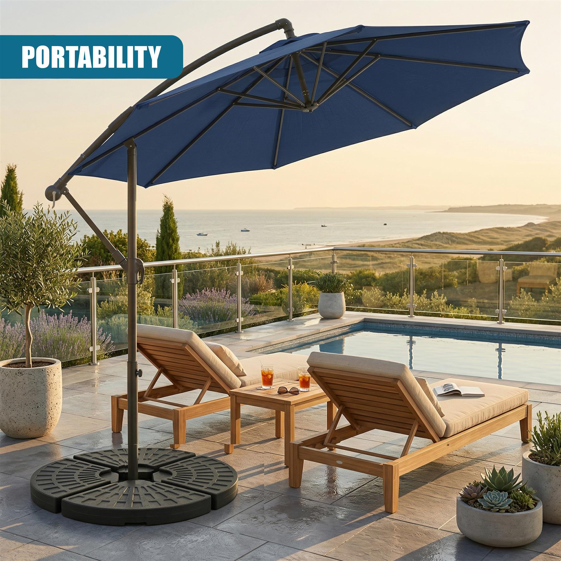 Cantilever parasol with a round base shades wooden chaise lounges by an outdoor pool.