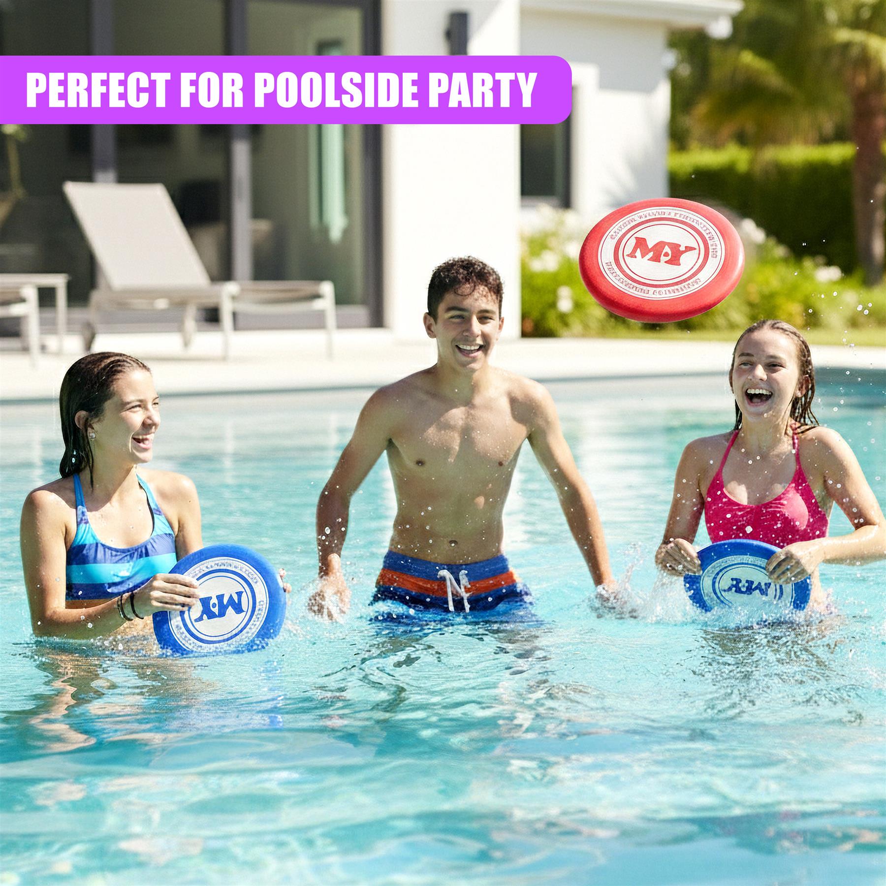 Three people in a pool playing with colorful frisbees during a sunny poolside gathering.