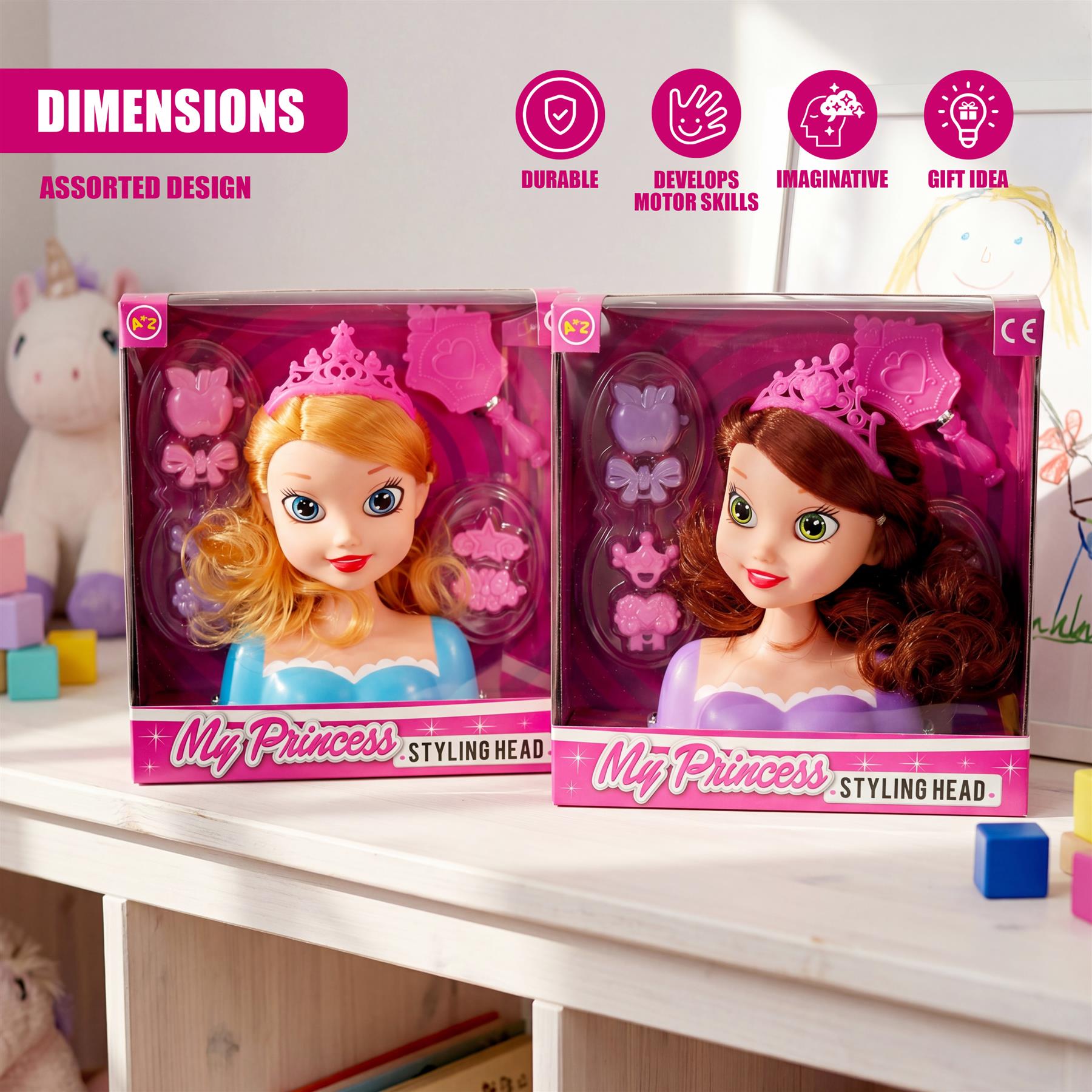 Two packaged doll styling heads, featuring blonde and brunette dolls with various accessories.