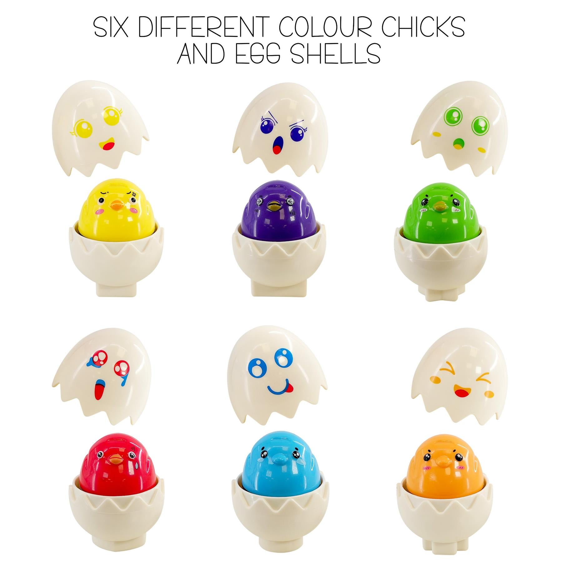 A collection of nine matching chick heads and white egg shell bases in various colors and expressions.