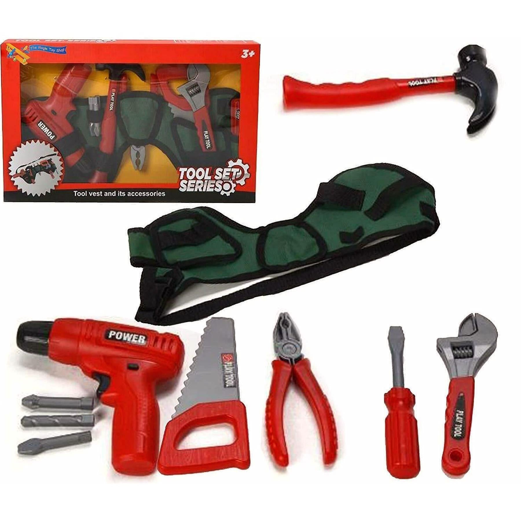 A red and green toy tool set with various tools, including a hammer, saw, and screwdriver, all in a green and red storage case. - The Magic Toy Shop