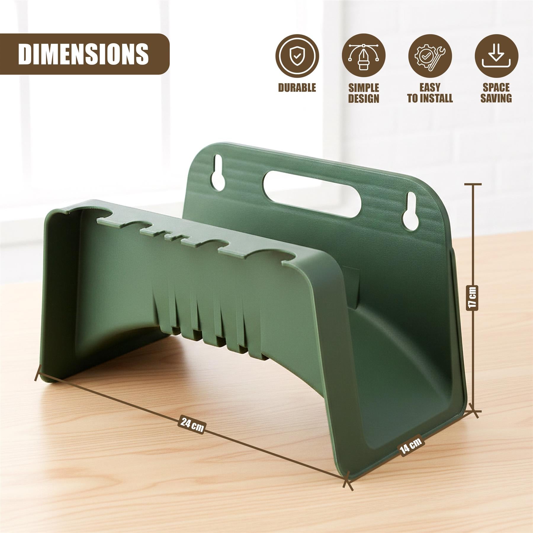 A dark green hose rack with internal slots measures 24 cm long and 14 cm high.