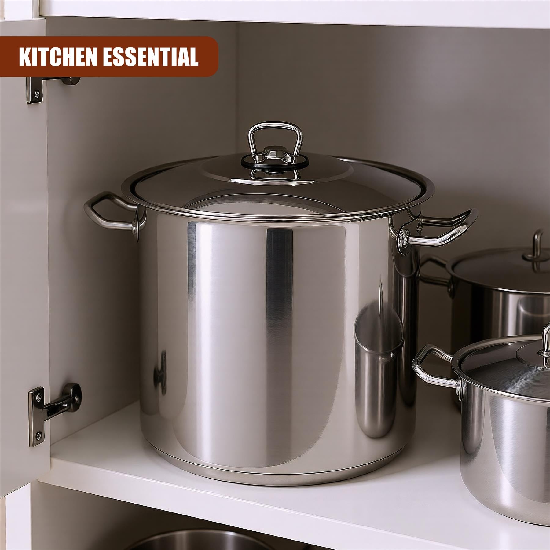 Silver stockpot with lid and side handles rests on a shelf alongside other matching stainless steel kitchen pots.