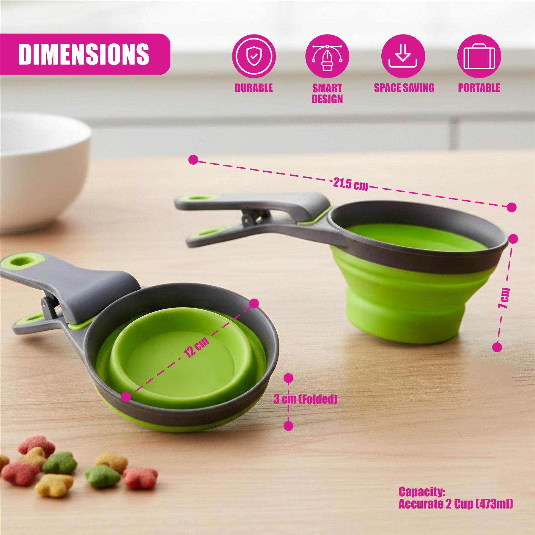 Collapsible pet food scoop illustrated with dimensions when expanded and when folded for storage.