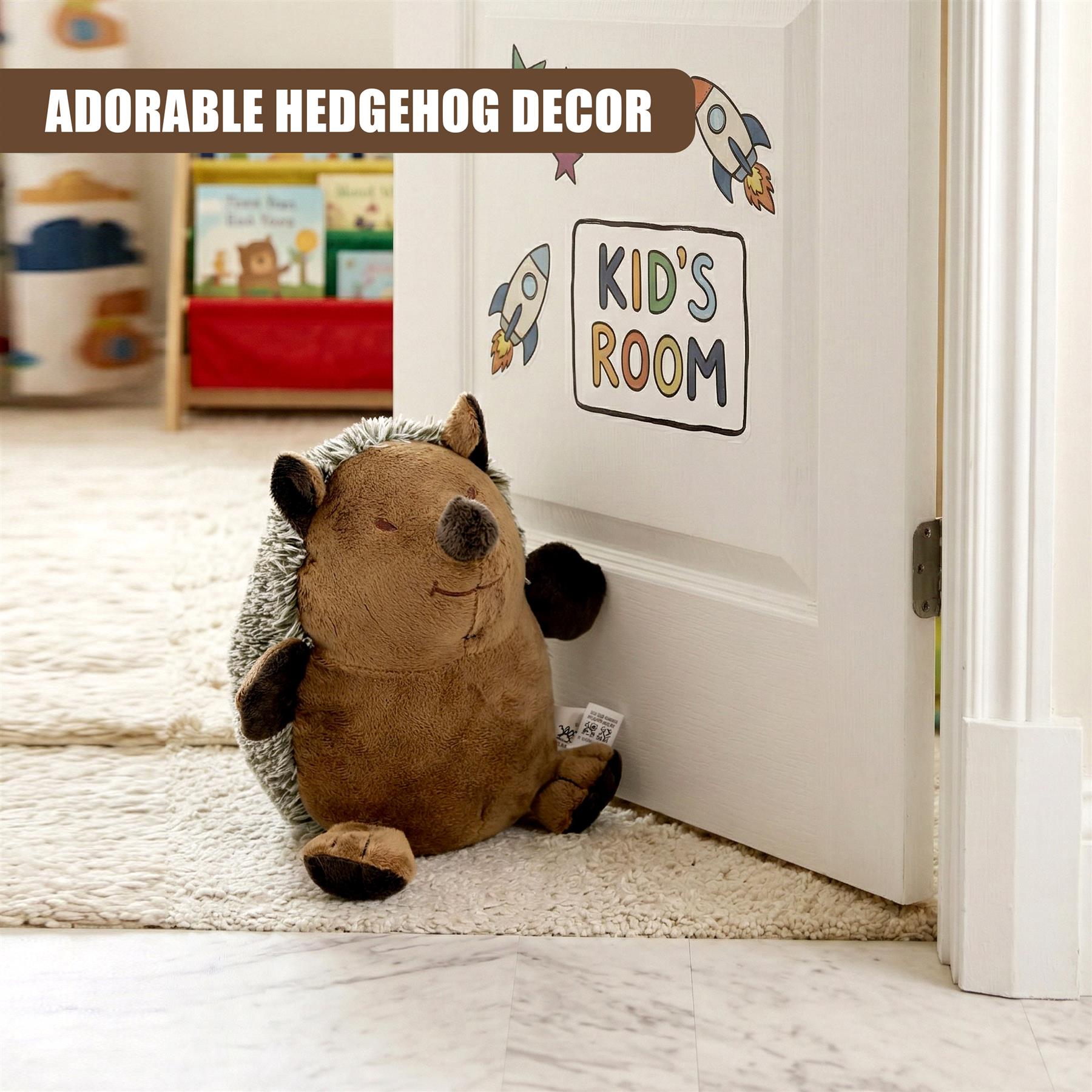 Plush hedgehog door stopper resting on a rug near a white door labeled "Kid's Room."
