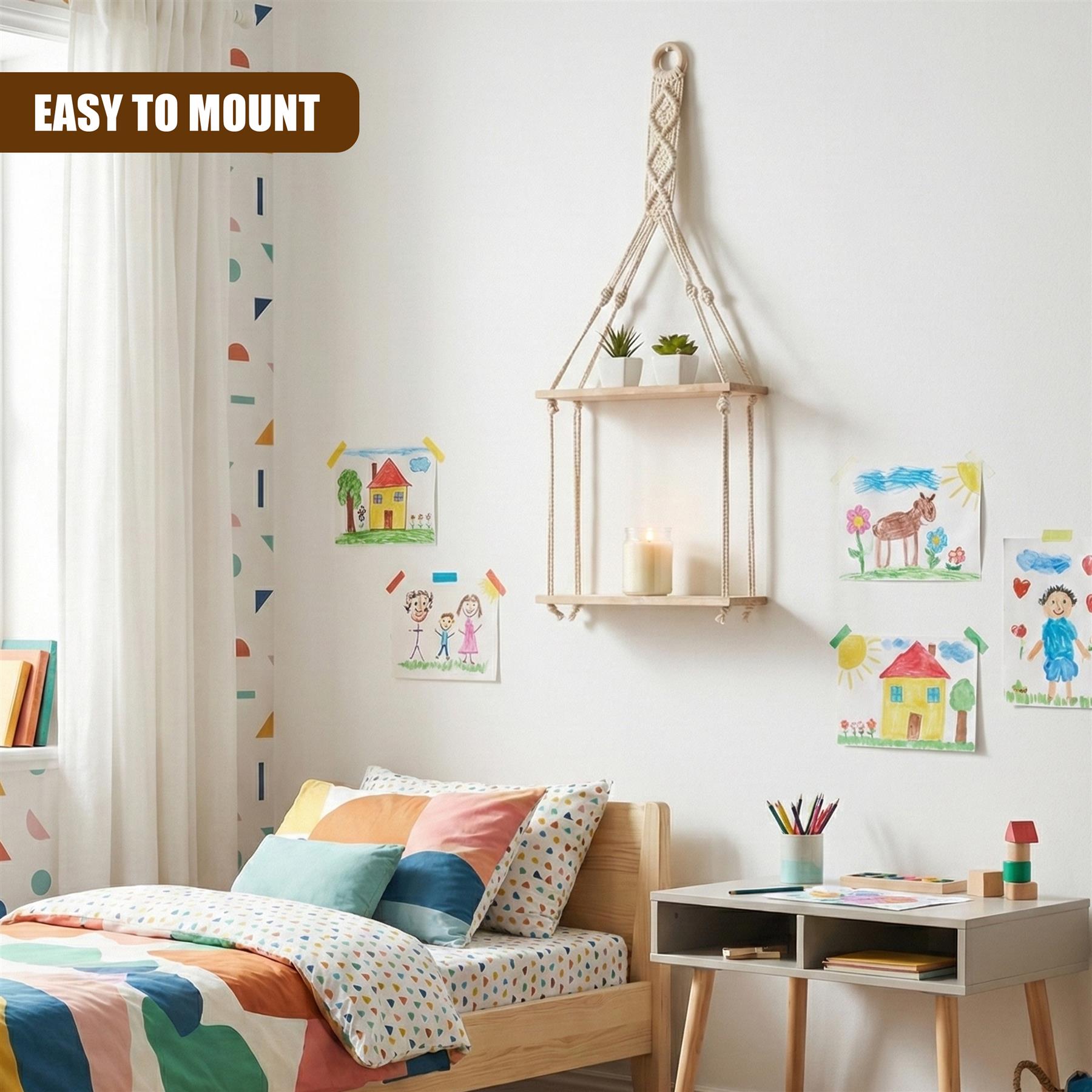 "Simple yet stylish macrame wall shelf with two shelves, perfect for displaying decor or storing items in a well-organized manner." - The Magic Toy Shop