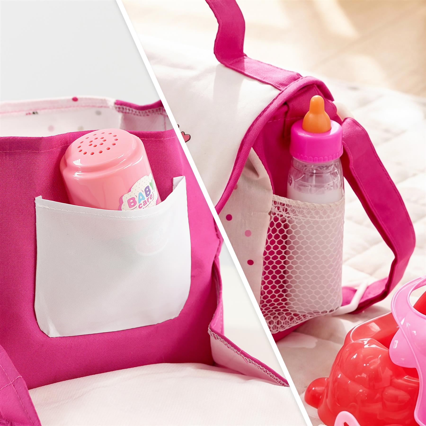 Open pink changing bag features pockets holding visible accessories, including a baby bottle and cream container.