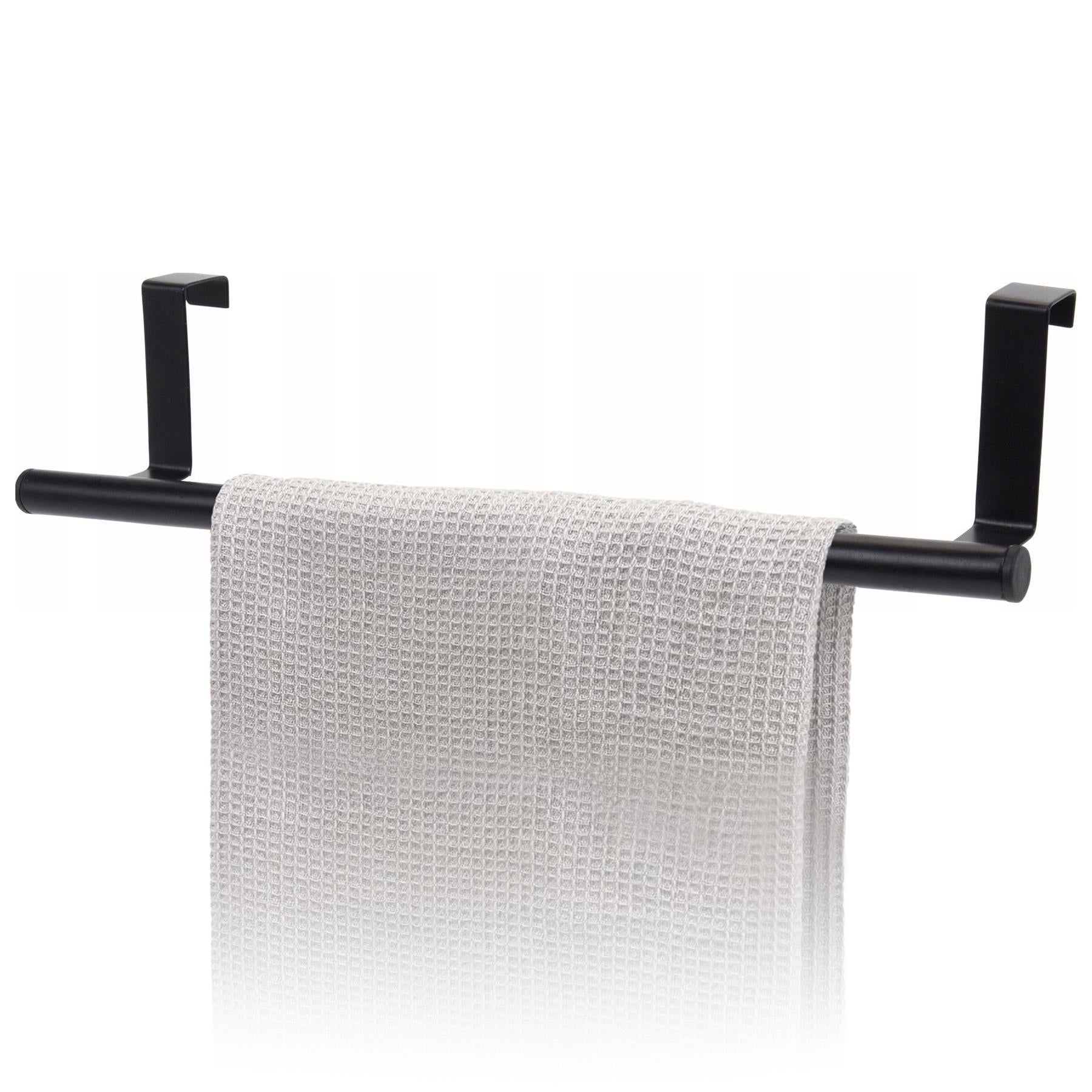 A black metal towel rack with a towel hanging from it, against a white background. - The Magic Toy Shop