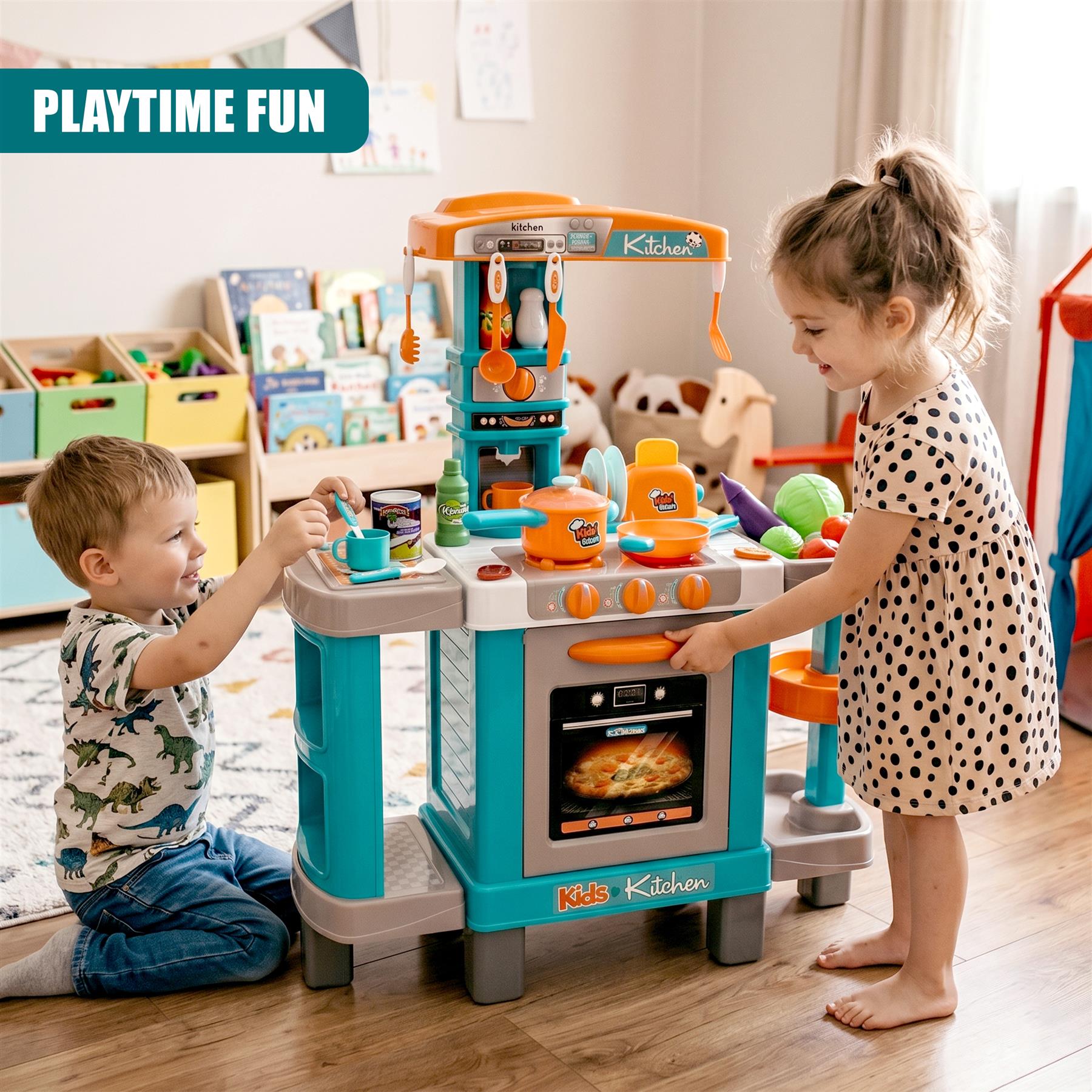 Two children playing with a blue plastic playset featuring a stove and counter.