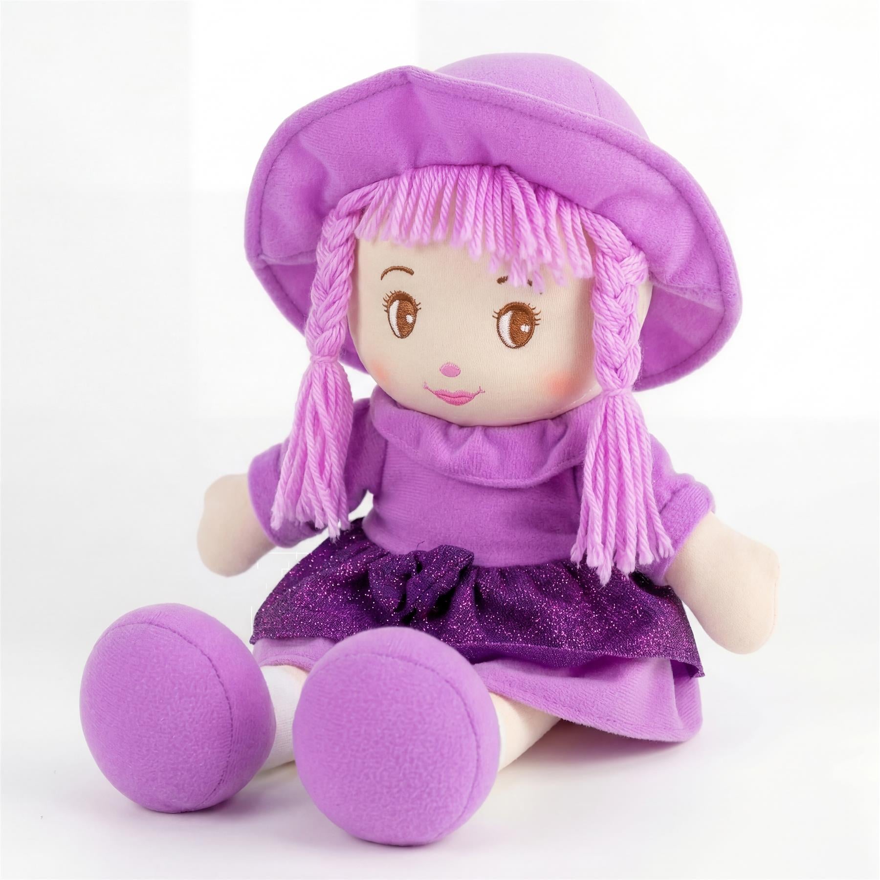 Purple rag doll with a wide-brimmed hat and sparkly purple dress. The doll has long matching purple pigtails.