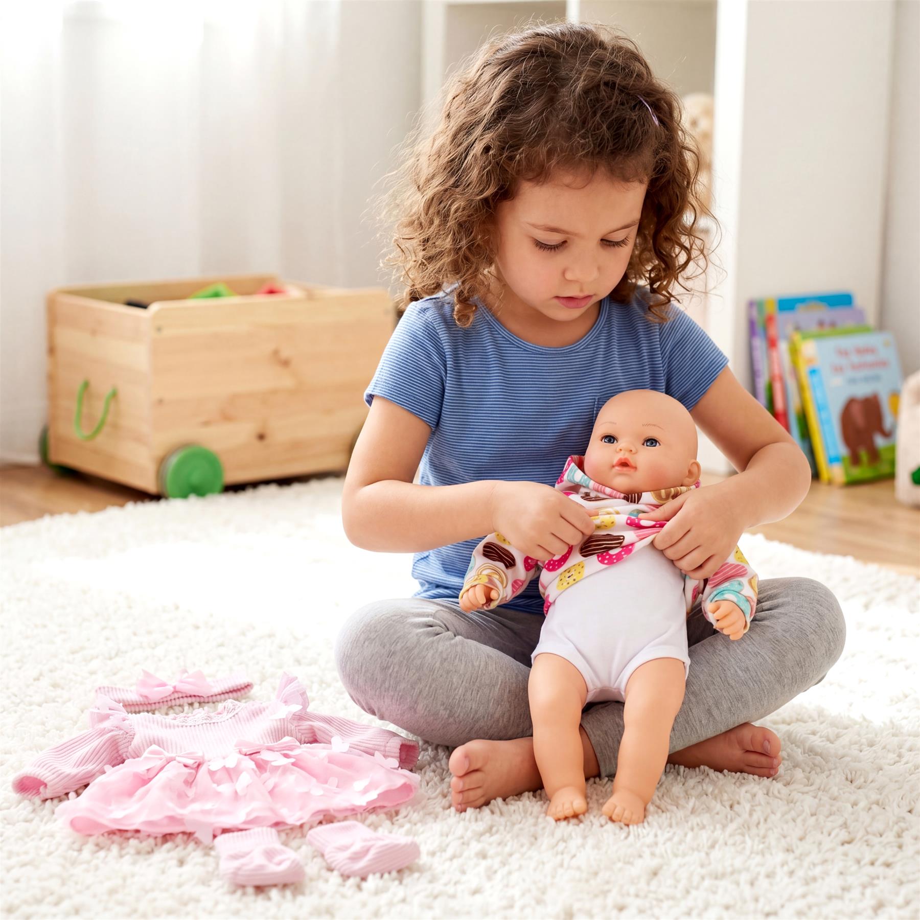 Girl sitting with a baby doll and matching pink dress on a light rug.