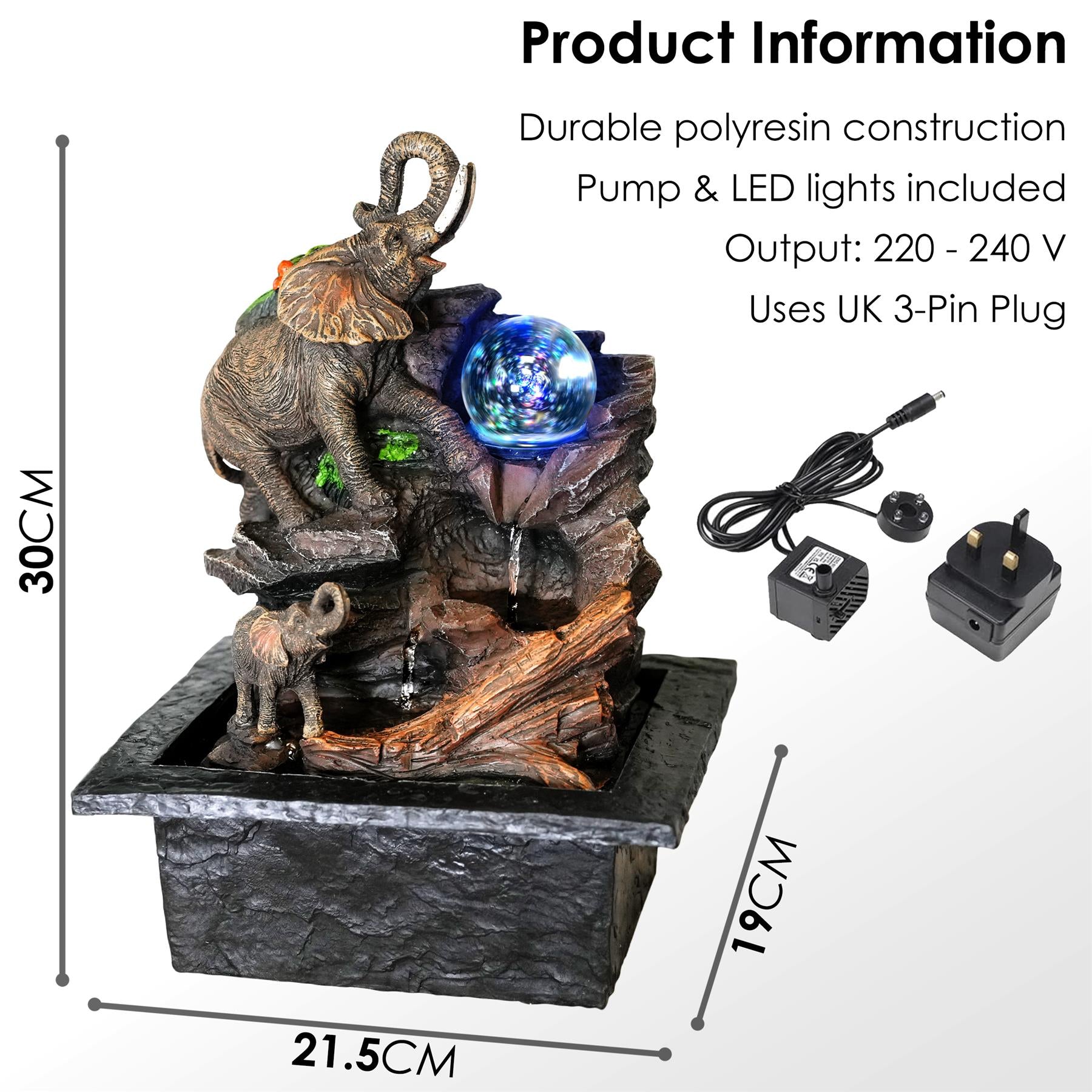 Elephant Water Feature Indoor With LED by GEEZY - The Magic Toy Shop
