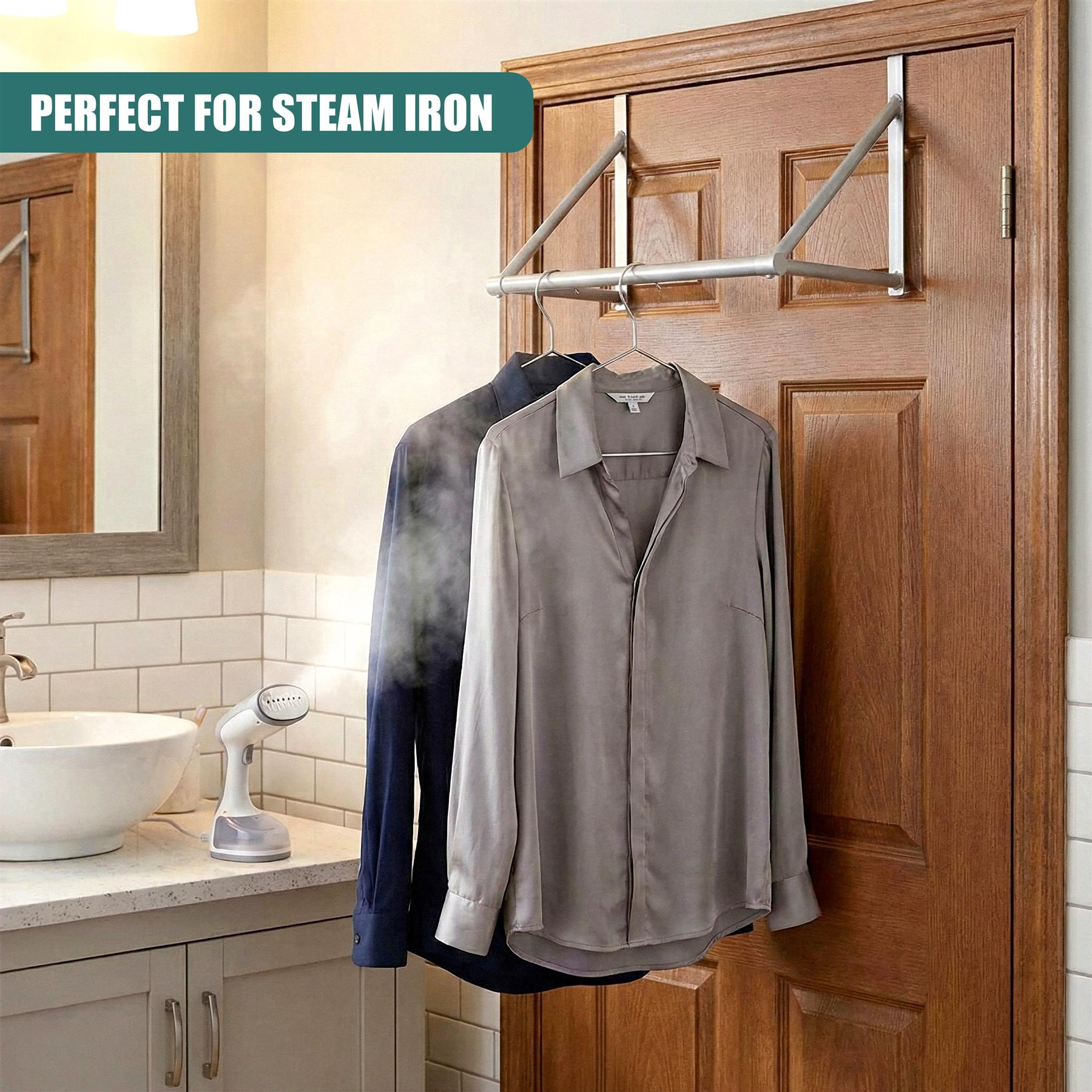 A compact, wall-mounted garment hanger with a built-in ironing board and steam ironing feature, ideal for small spaces. It features a hanging rail, ironing board, and steam ironing system, making it perfect for steaming and ironing clothes in a compact space. - The Magic Toy Shop