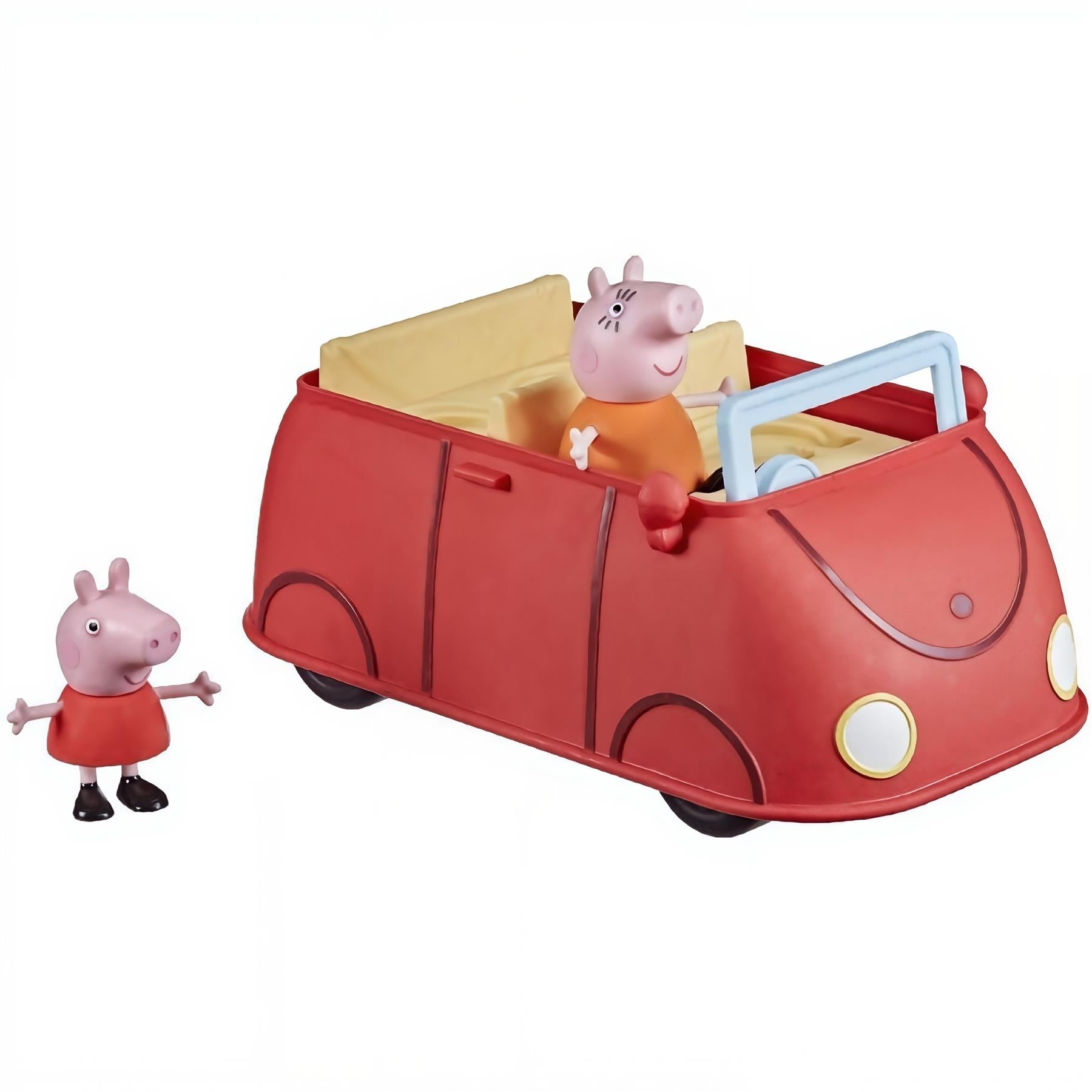 Toy set featuring a red car, a pig figurine inside, and a second pig figurine standing beside it.