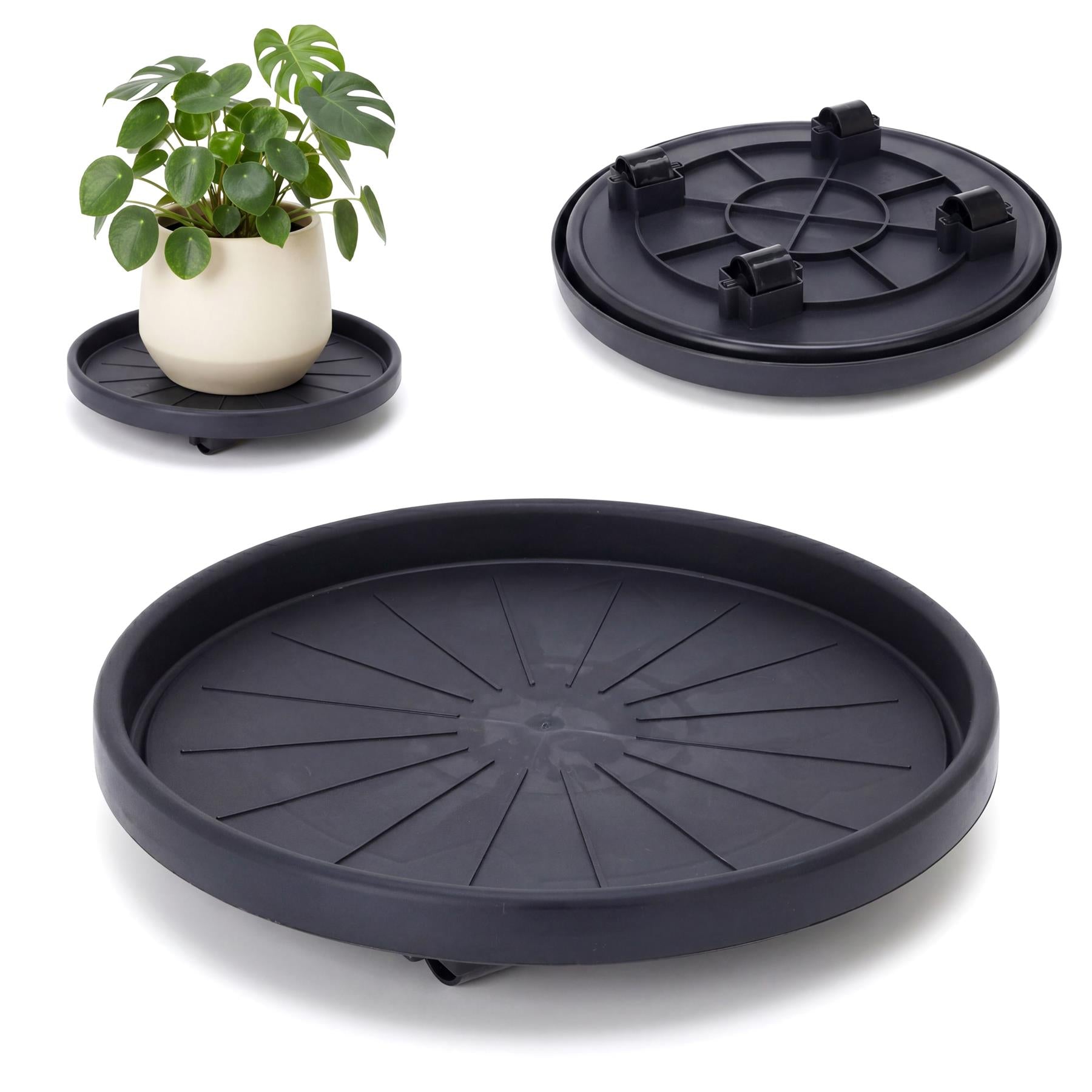 Round, black plant caddy with wheels, featuring a slatted base and raised corner lifting supports.