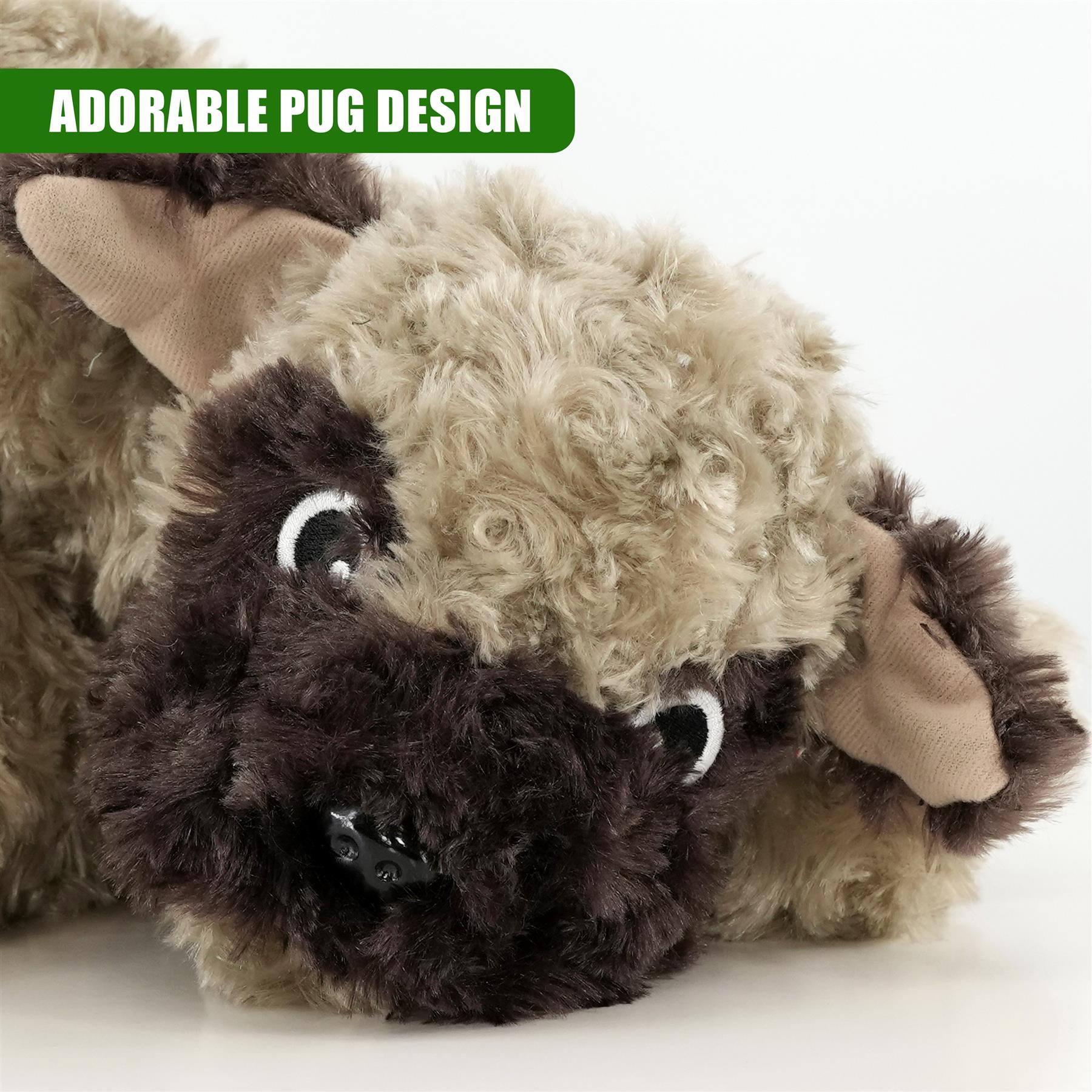Novelty dog draught excluder featuring a stuffed pug shape in brown and tan tones.
