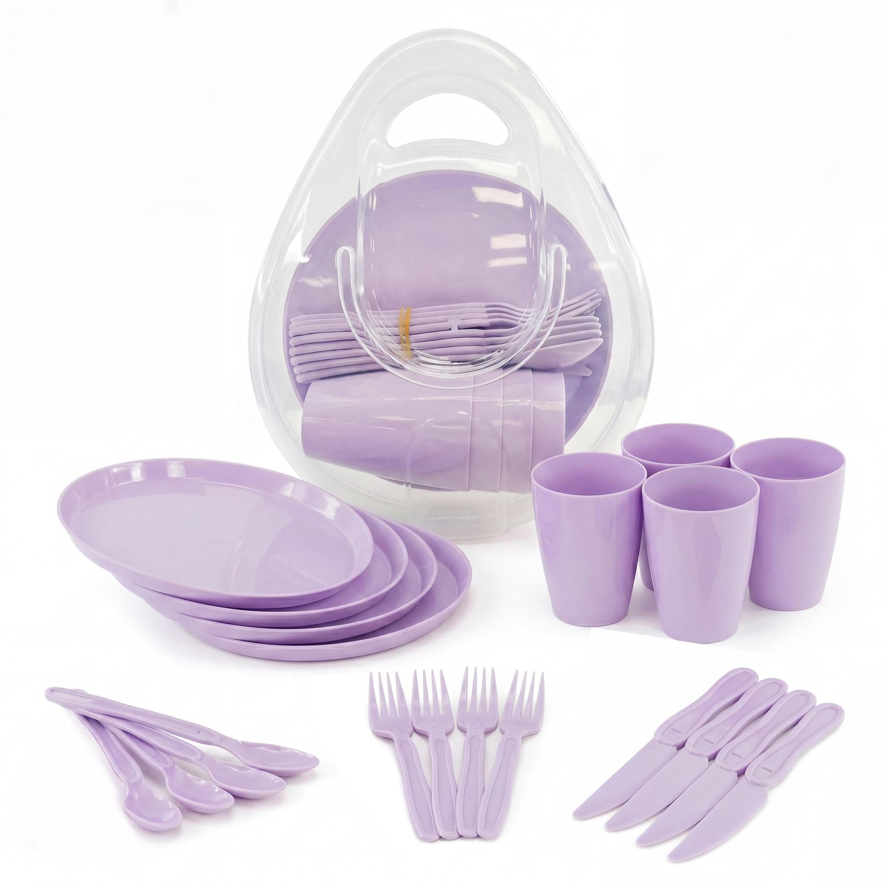 Purple picnic set containing plates, cups, spoons, forks, and knives inside a clear carrying case.