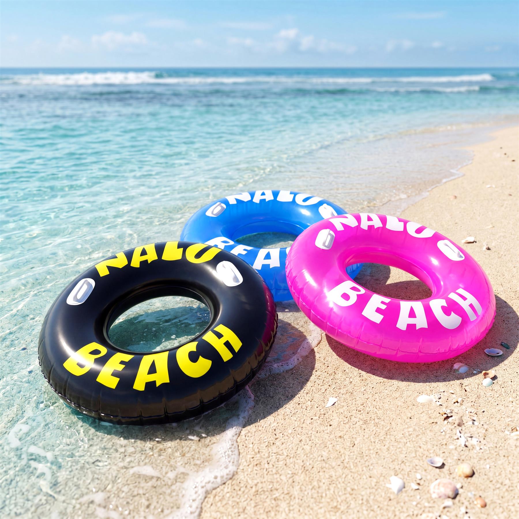 Three inflatable rings, black, blue, and pink, spelling "BEACH" on the sand.
