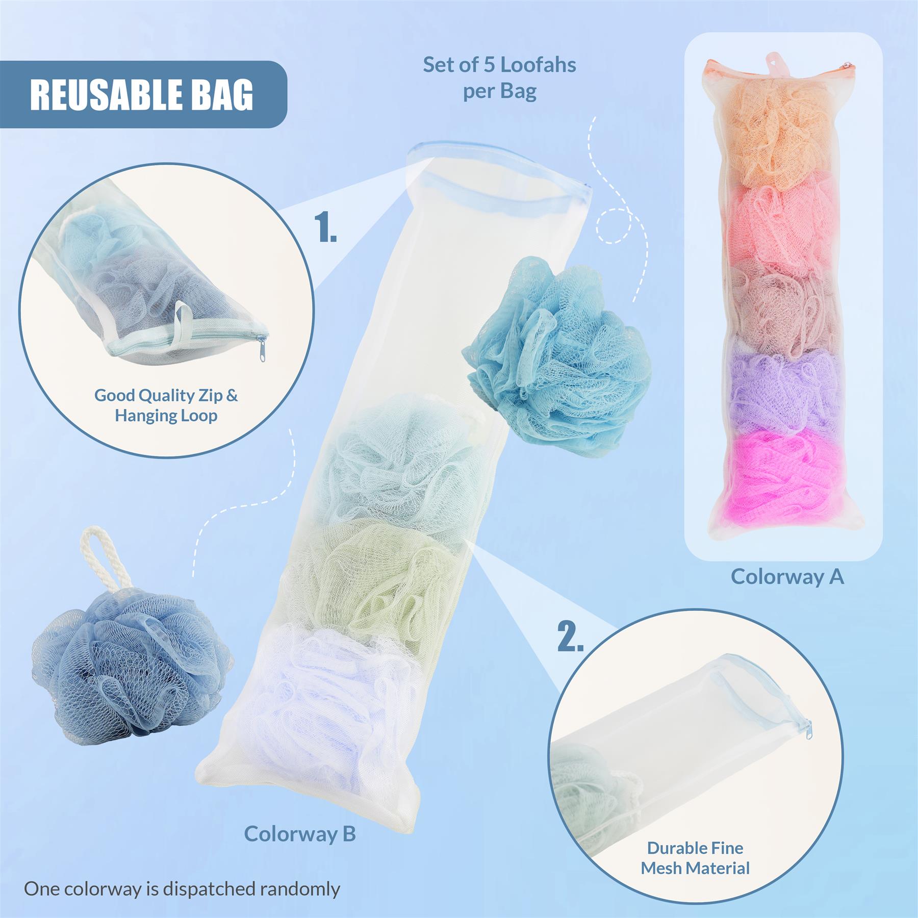Body Loofah Set of 5 with Mesh Storage Bag by GEEZY - The Magic Toy Shop