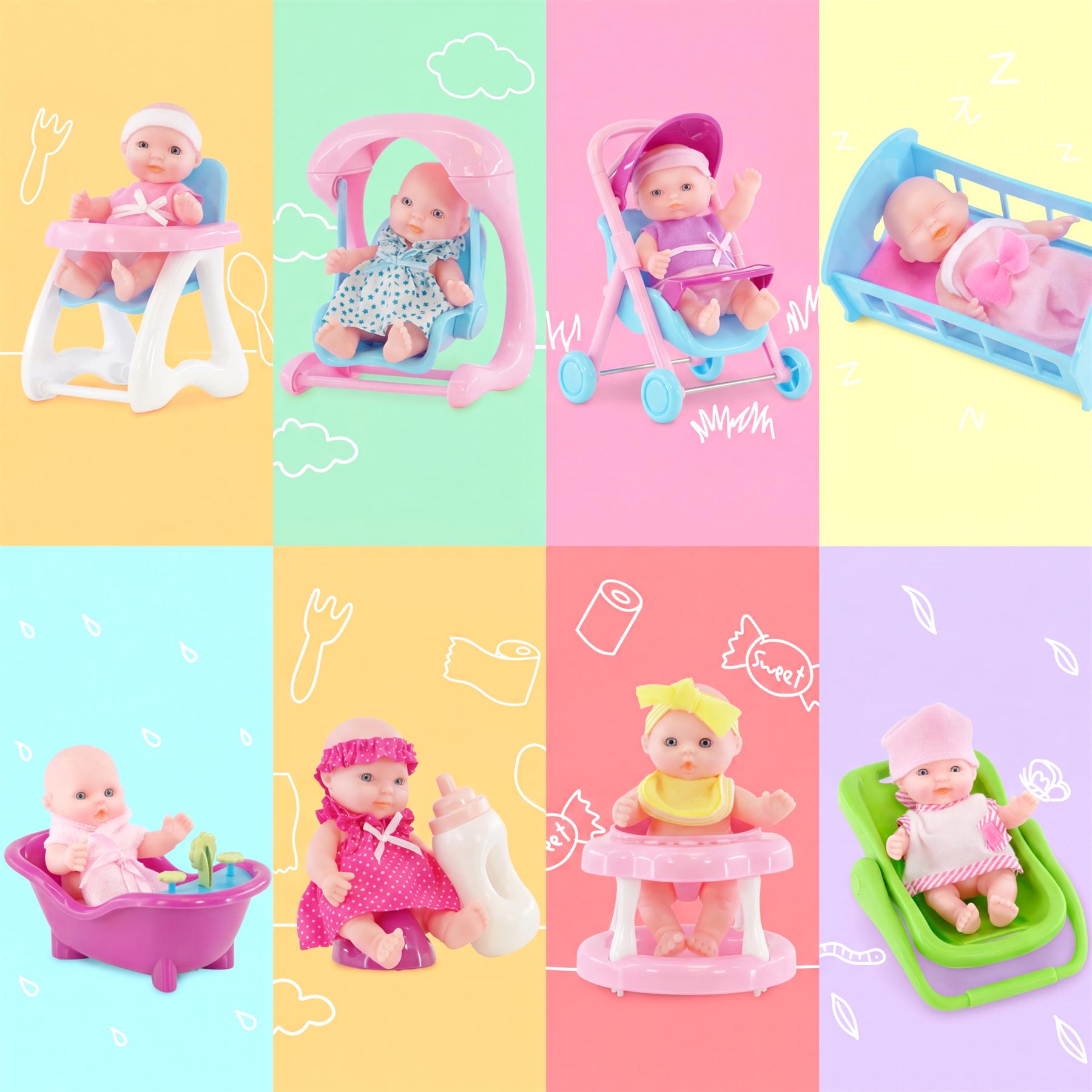 Collection of eight baby dolls and accessories, featuring tubs, cribs, strollers, and play structures.