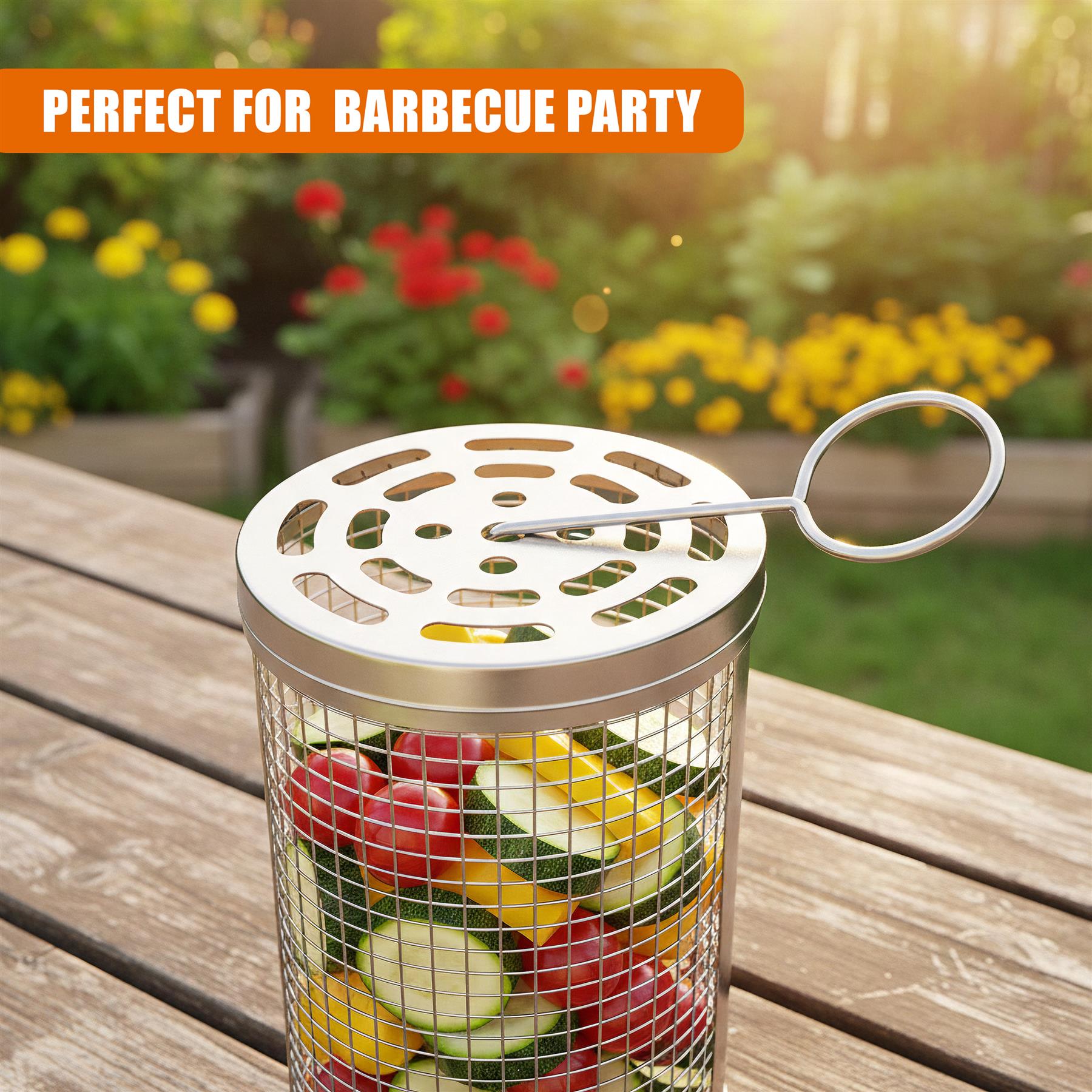 Perforated metal grilling basket holds various vegetables, with a serving utensil placed on top.