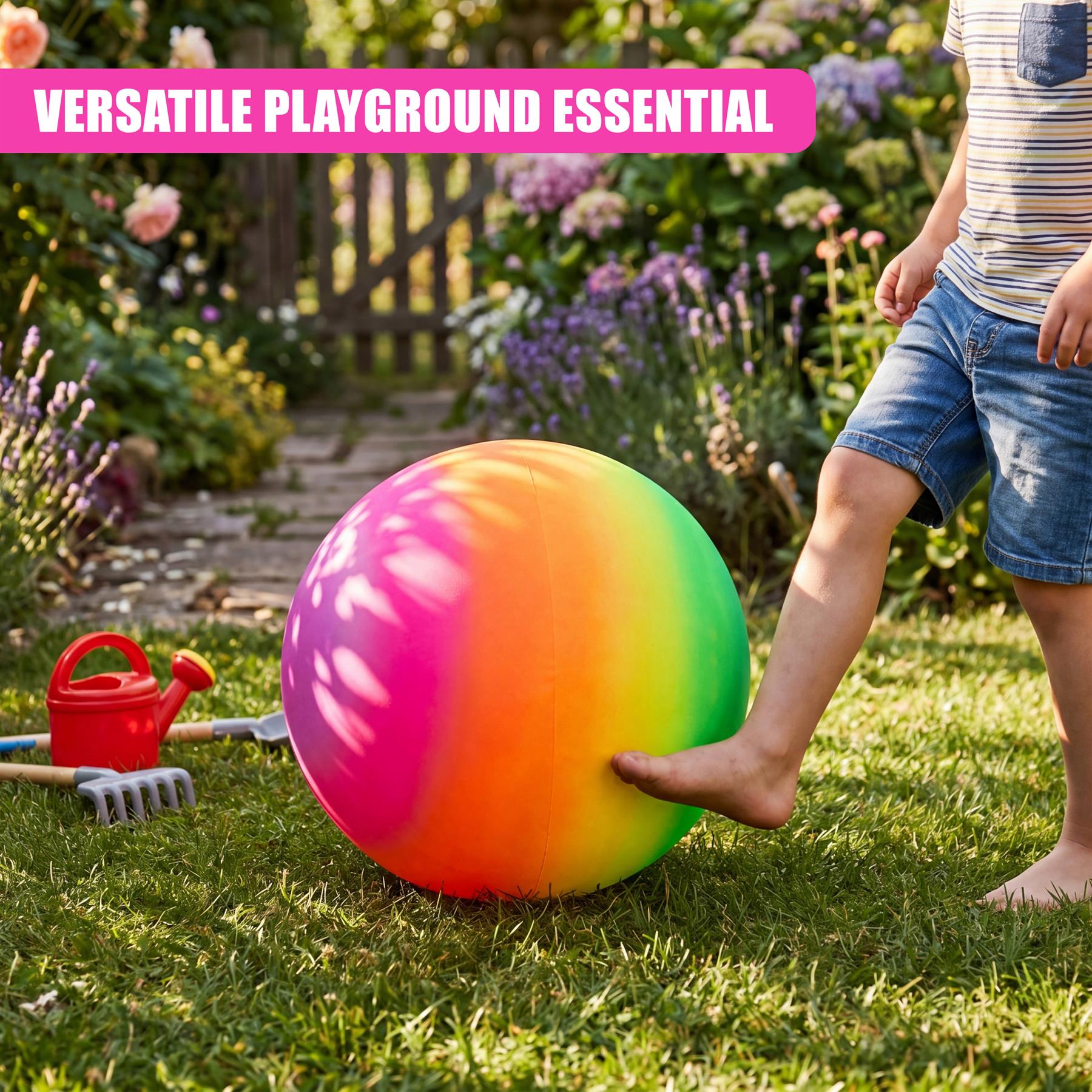 Person stands on green grass next to a large, colorful rainbow ball and a red plastic bucket.