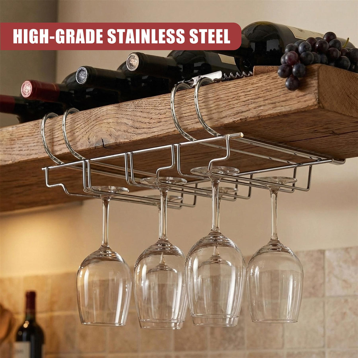 GEEZY Under Shelf Wine Glass Rack holds wine glasses on a wooden shelf with wine bottles