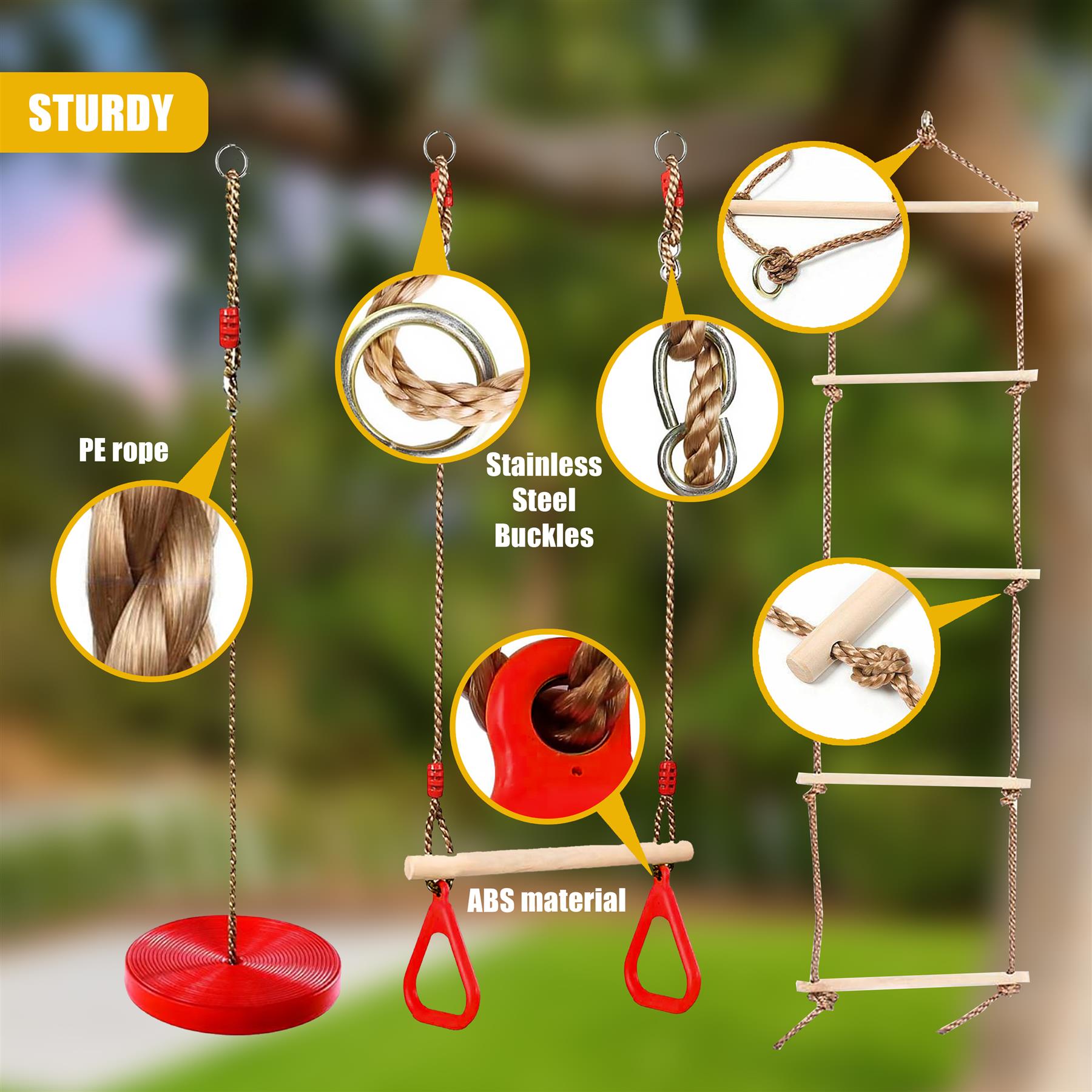 Wooden Trapeze Swing, Rope Ladder & Red Plate Seat by The Magic Toy Shop - The Magic Toy Shop