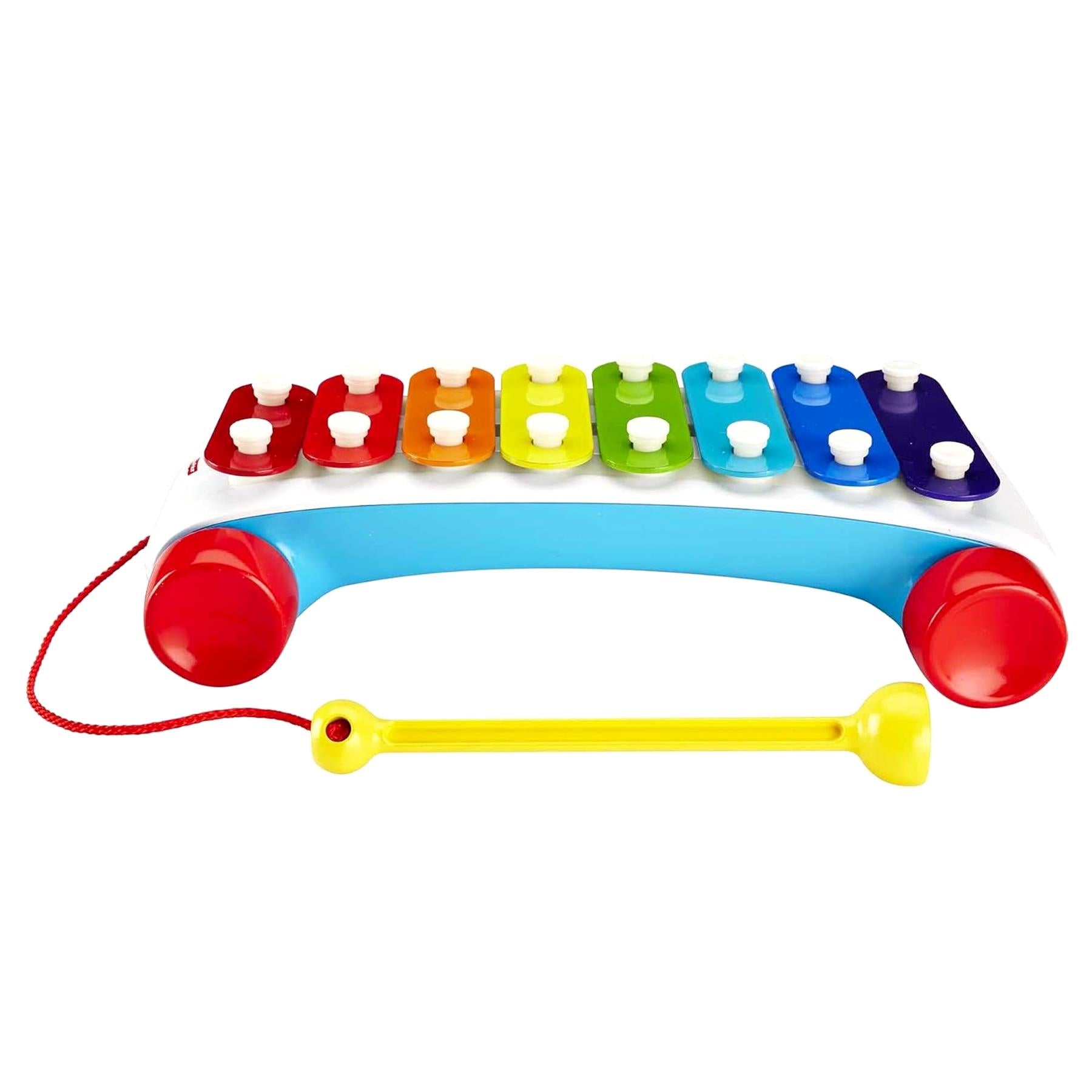 Colorful keys rest above a blue curved base connected to a yellow pull rod toy.