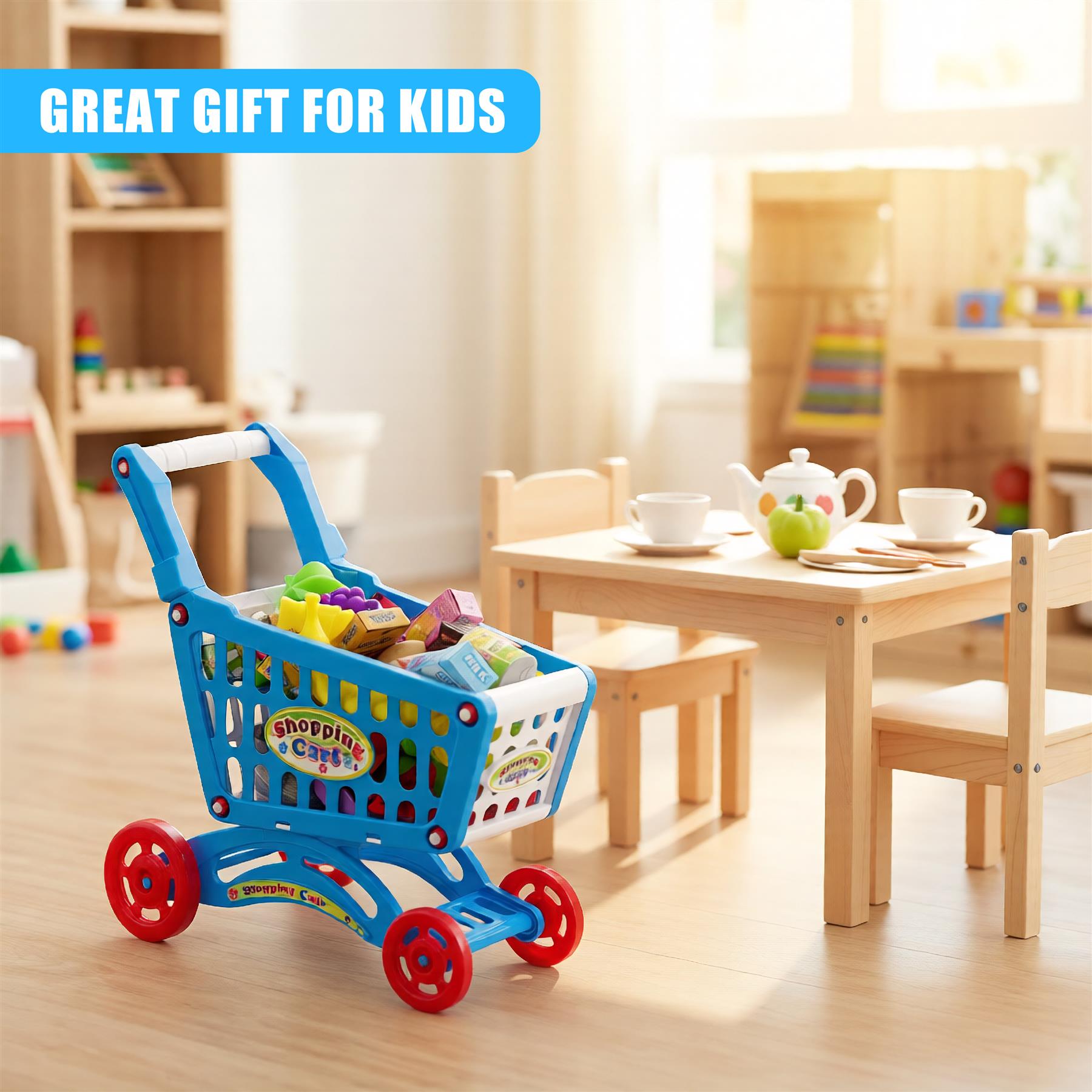 A child's shopping cart play set with a toy house and various toys in a room, suitable for imaginative play. - The Magic Toy Shop