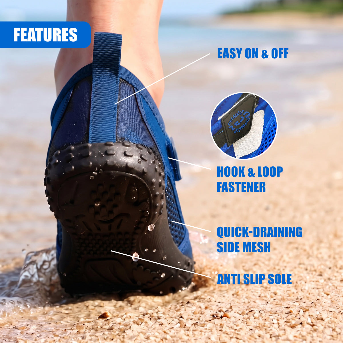 Blue GEEZY aqua shoes for adults and kids feature a non-slip sole and quick-drain mesh