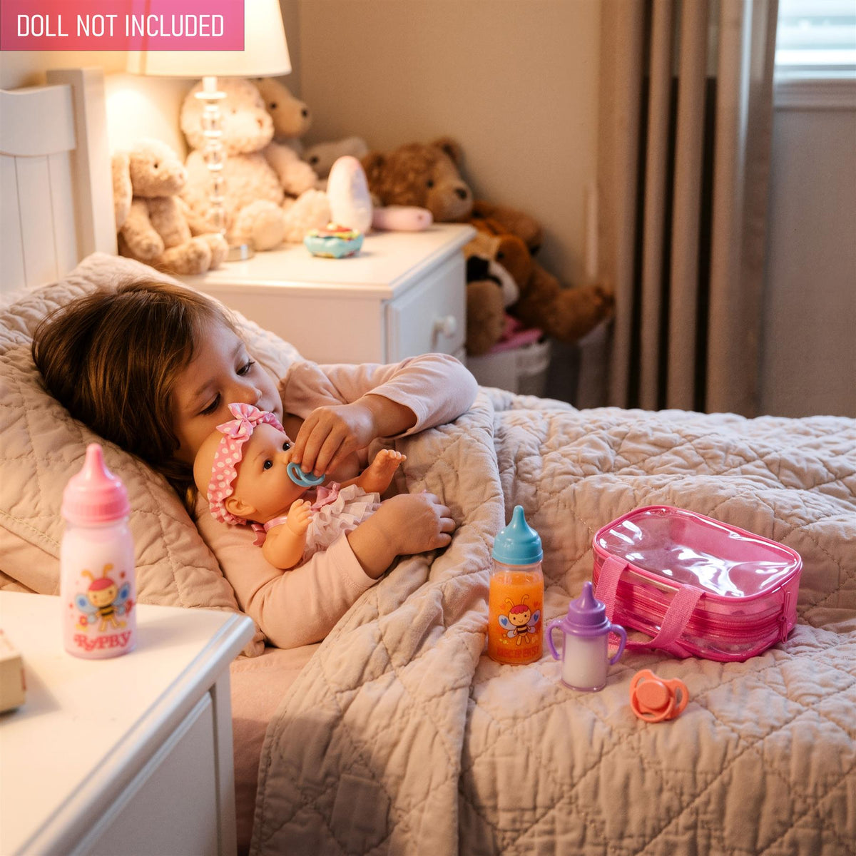 BiBi Doll accessories set featuring bottles, dummies and a carry bag, laid on a bed