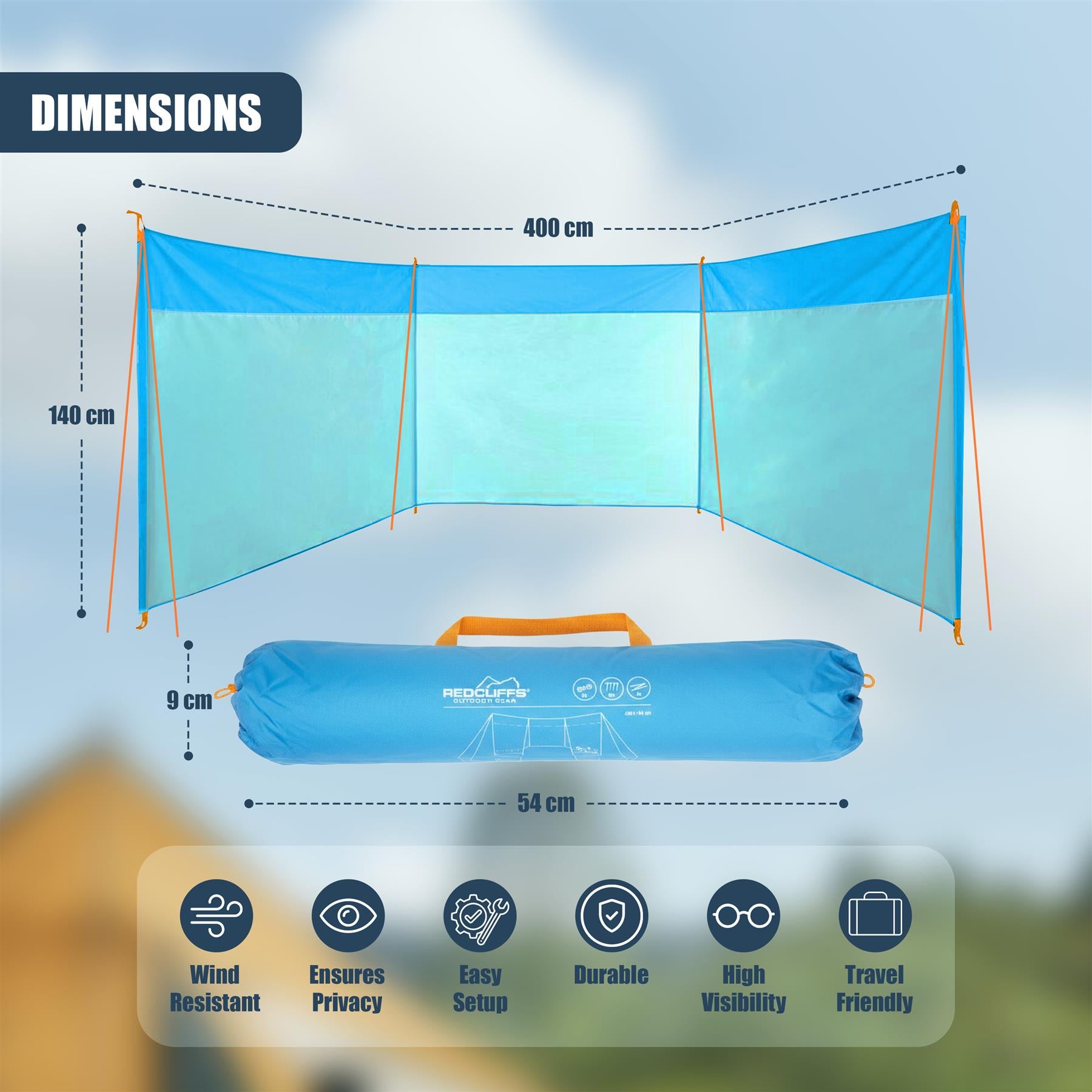 The diagram illustrates the shelter's 400 cm width and the folded storage bag measuring 54 cm long.