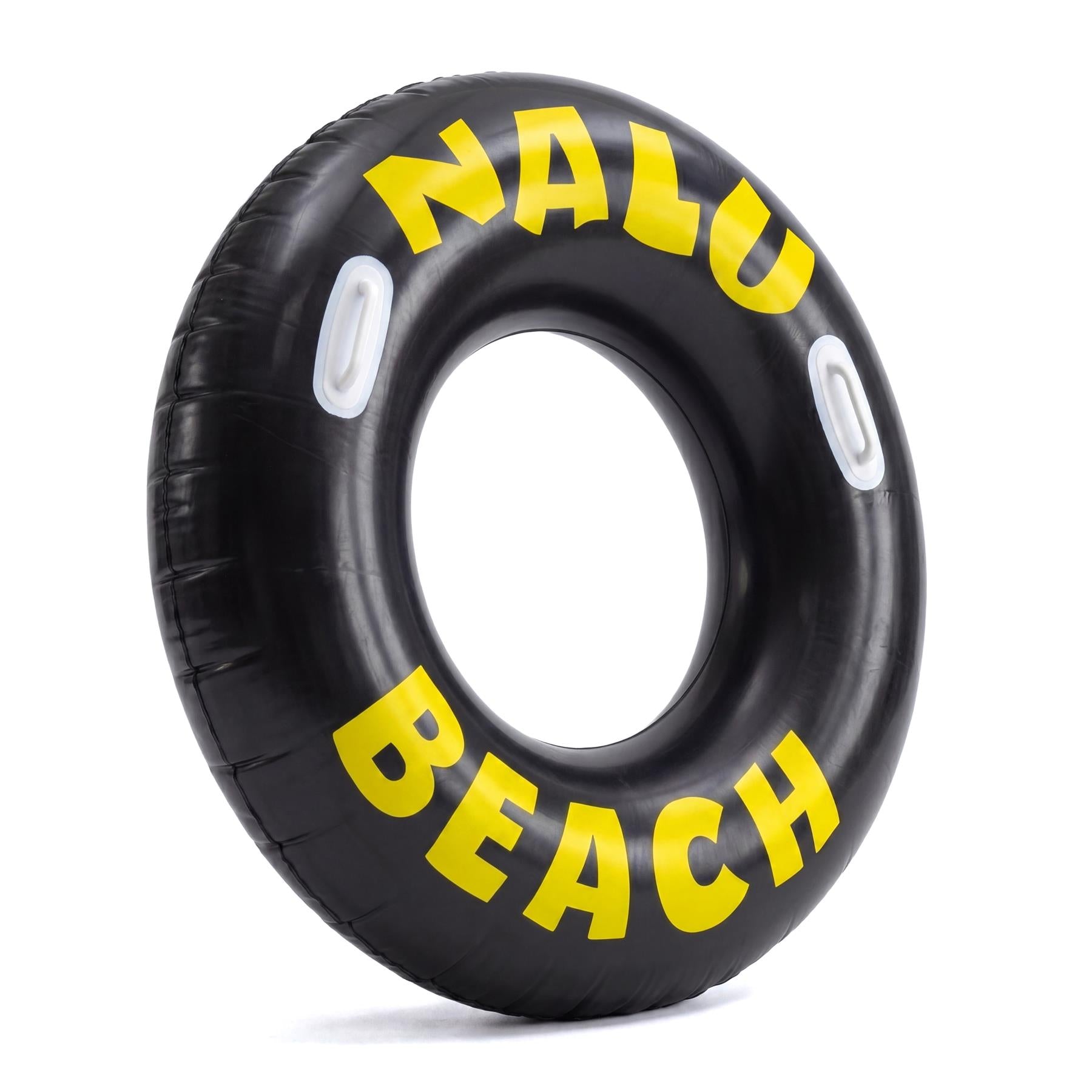 Circular black inflatable pool ring printed with yellow block letters spelling NALU BEACH.