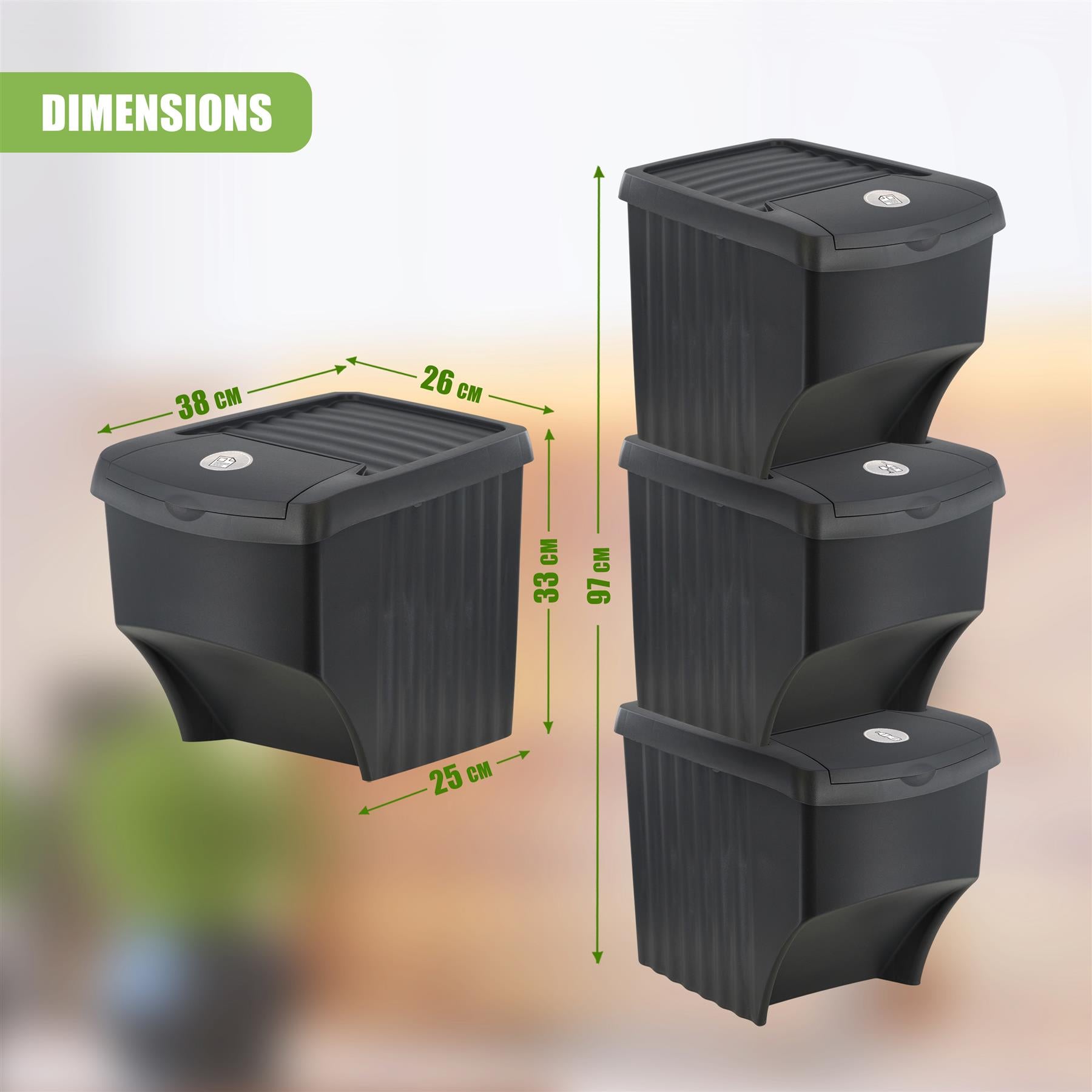 25 L set of 3 Large Plastic Waste Recycling Bin With Lids by Geezy - The Magic Toy Shop