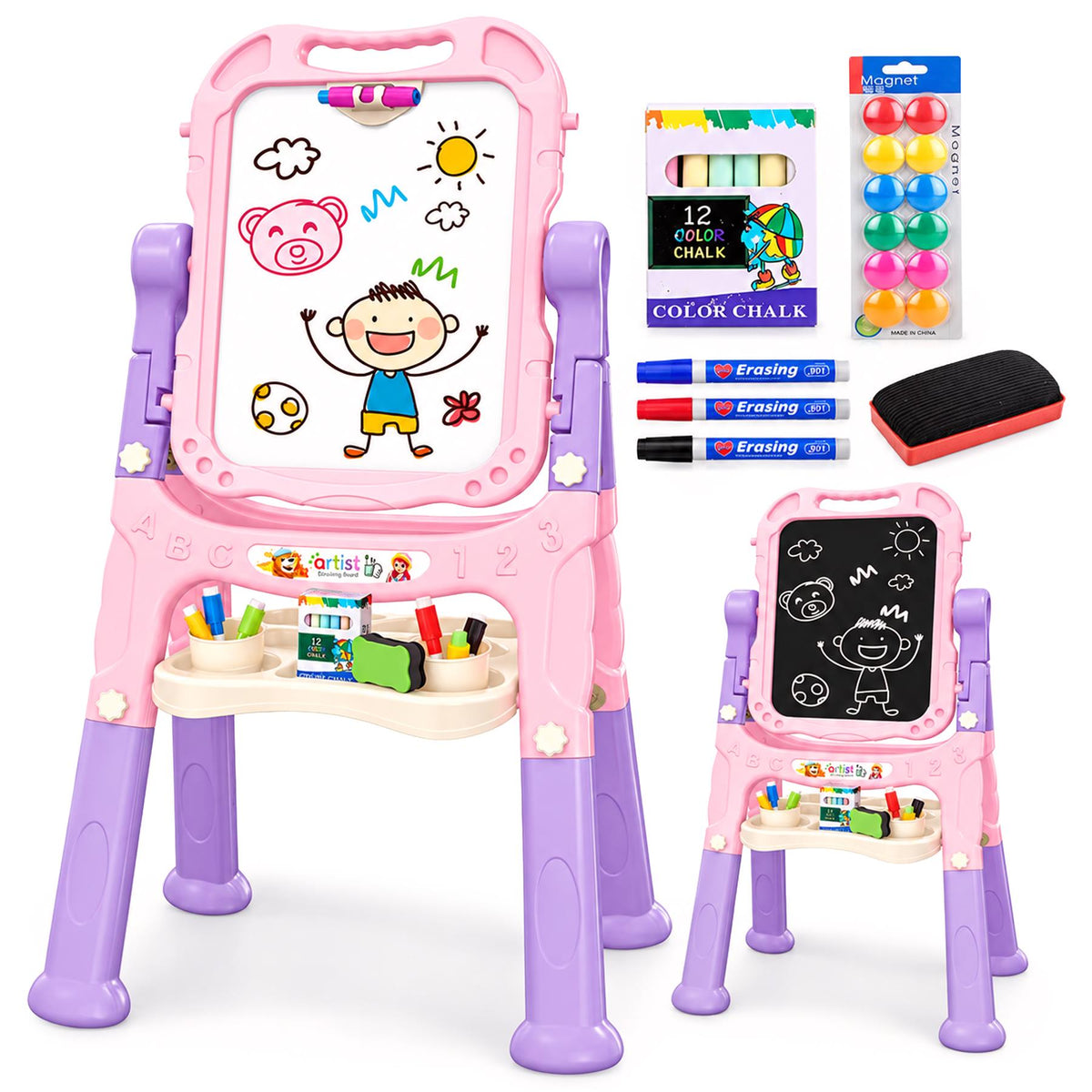 Pink folding magnetic drawing board with accessories, including chalk and markers, displayed on a stand