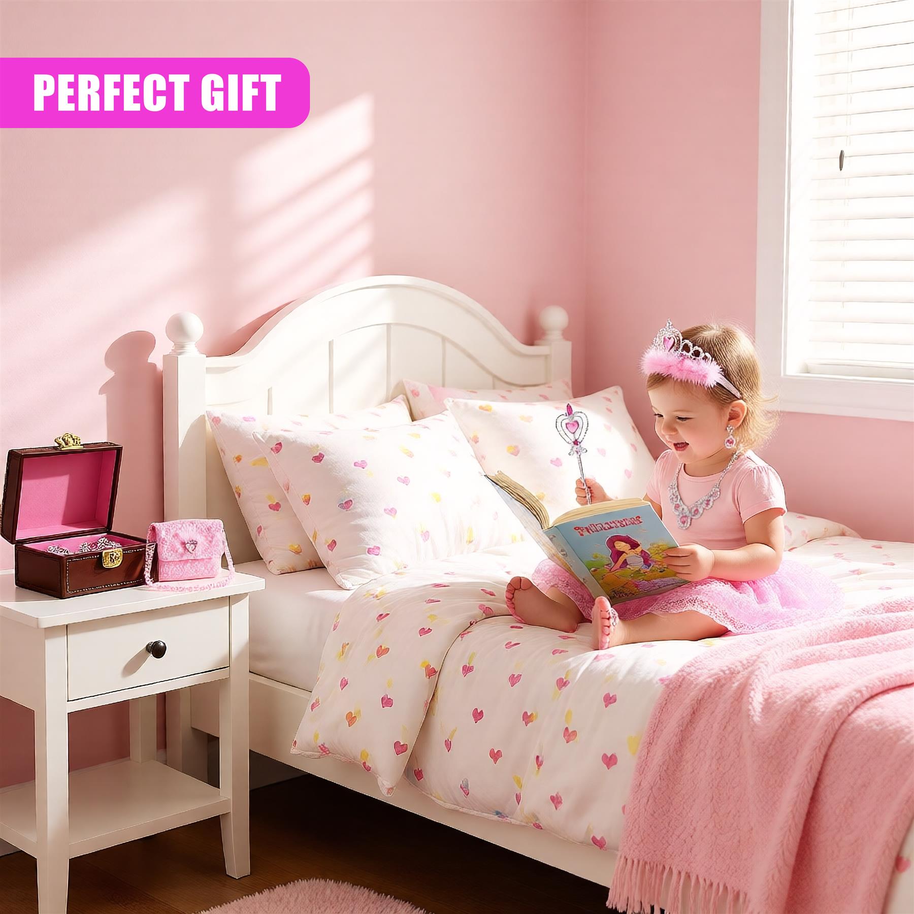A young girl sits on a bed, surrounded by a white bedframe, a pink wall, and a few toys. She wears a pink dress, a pink tiara, and a pink necklace. She holds a book and a wand, with a pink bedspread and a pink rug in the background. - The Magic Toy Shop