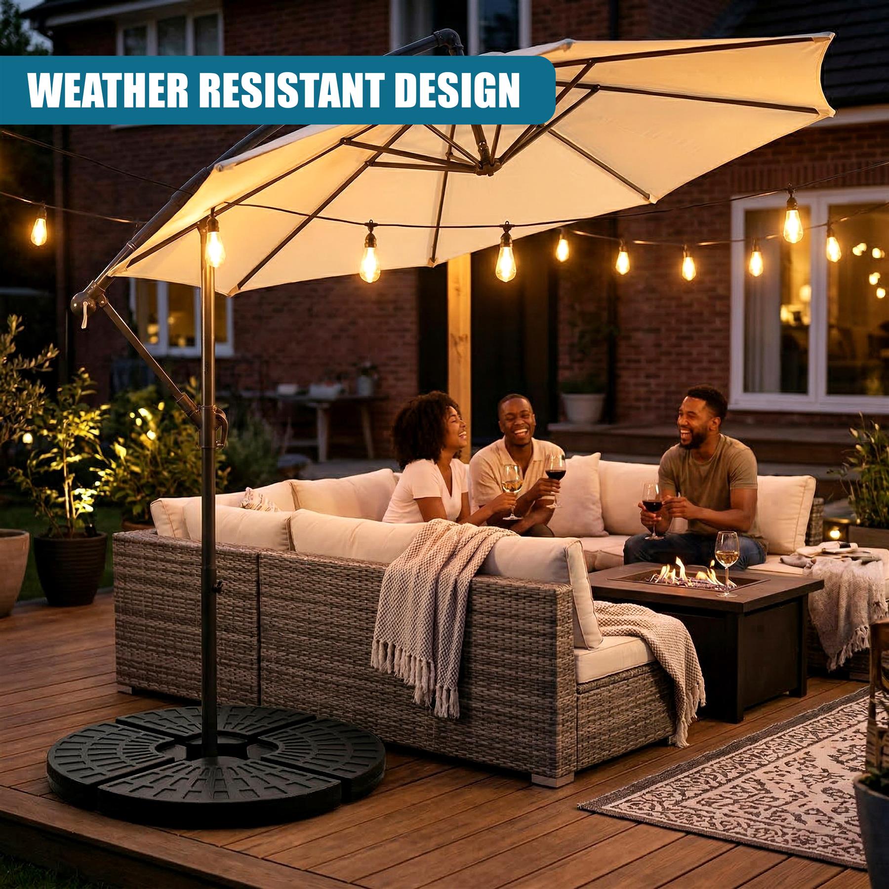 Beige canopy parasol attached to a dark round base on a wooden outdoor patio deck.