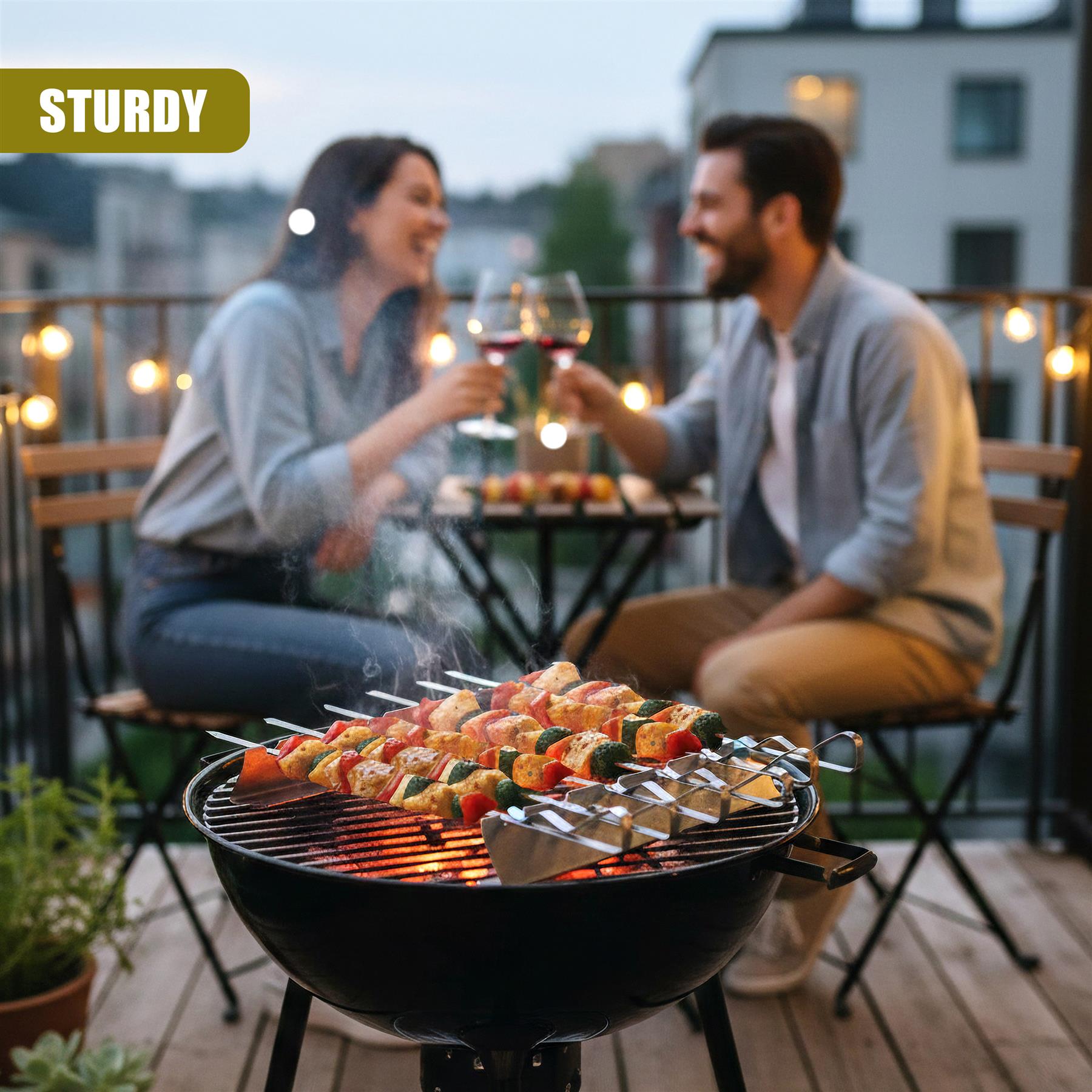 Multiple food skewers arranged on a metal rack placed over a black barbecue grill.